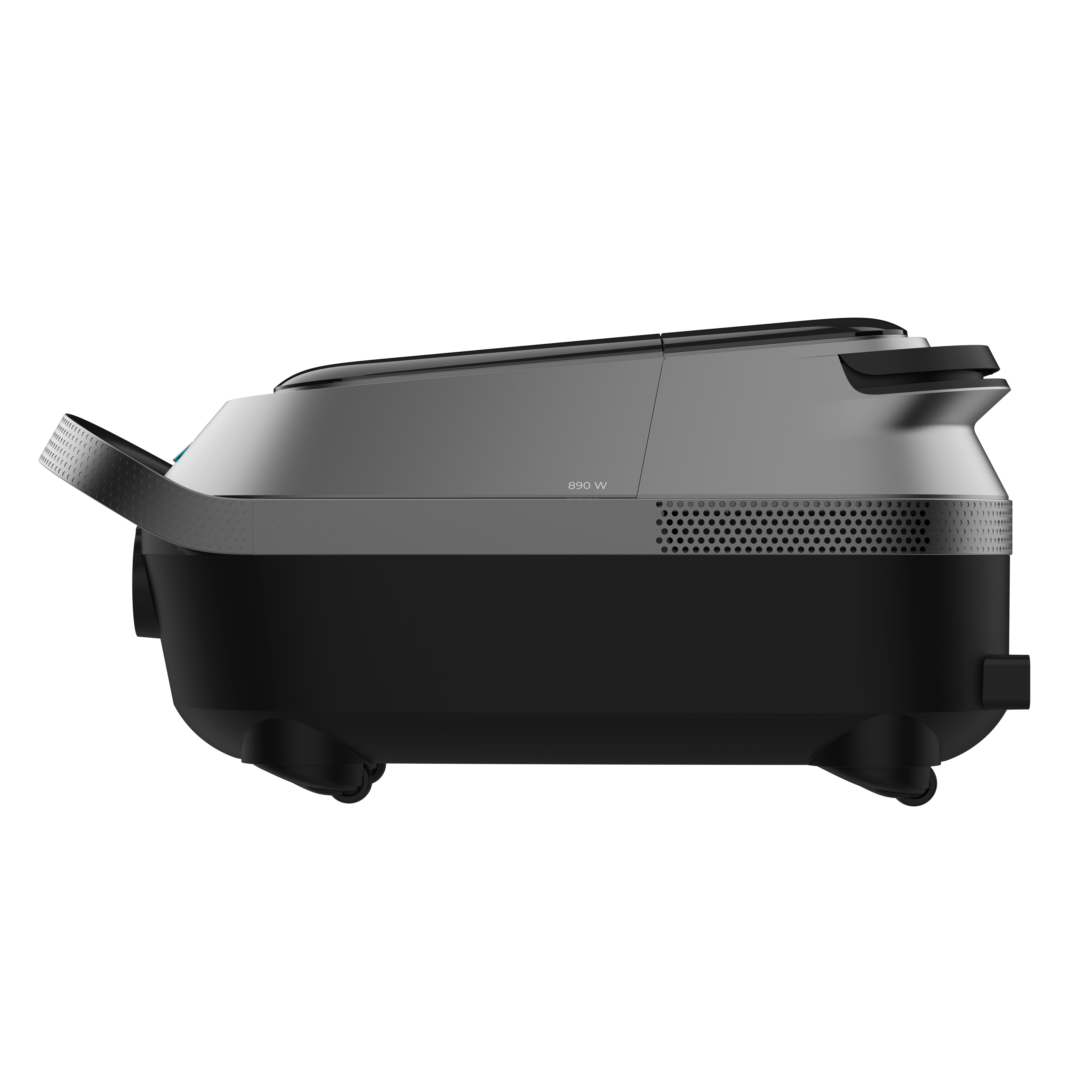 Cubo aspirador moderno gris y negro con ruedas sobre fondo oscuro.