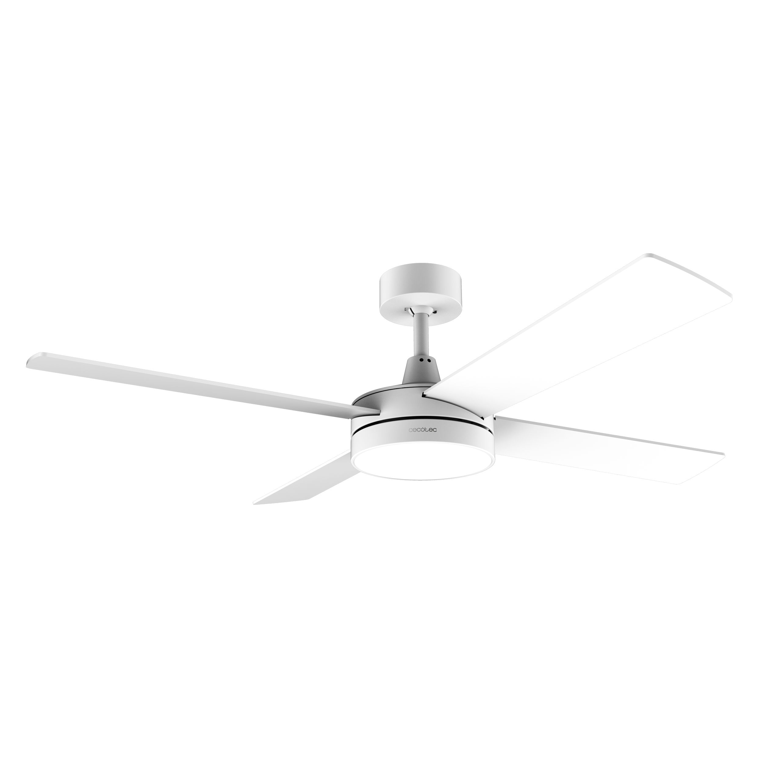 Un moderno ventilador de techo blanco con cuatro aspas y luz integrada sobre un fondo negro sólido.