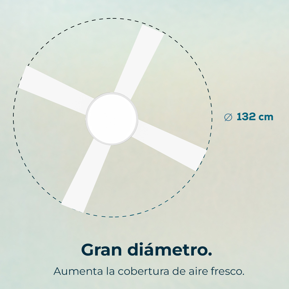 Diagrama de un ventilador de techo de 132 cm de diámetro sobre fondo claro.