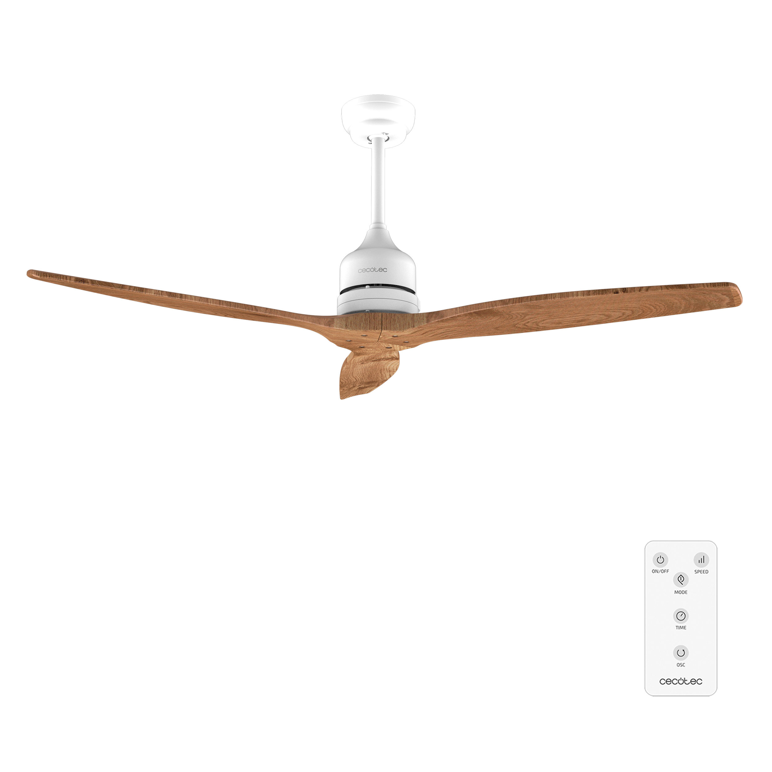 Ventilador de techo blanco con tres aspas de madera y un control remoto sobre fondo negro.