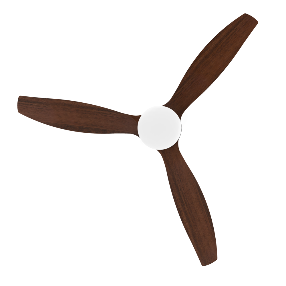 Un ventilador de techo con tres aspas de madera marrón y una fuente de luz blanca redonda en el centro sobre fondo negro.