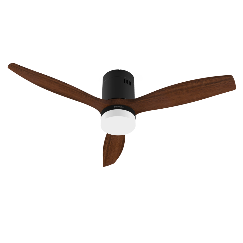 Un ventilador de techo negro moderno con tres aspas de madera oscura y una luz central brillante sobre fondo negro.
