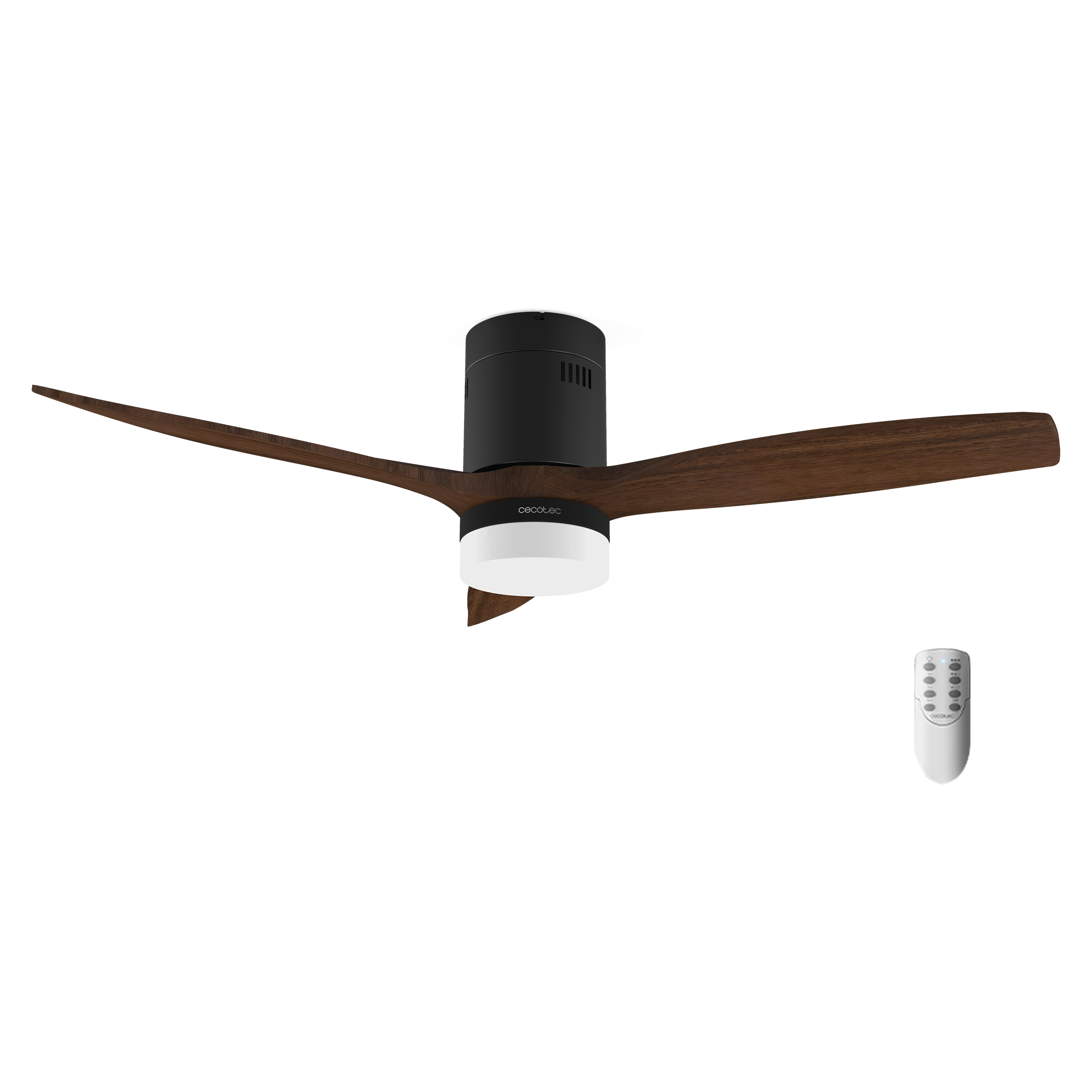 Un ventilador de techo negro con aspas de madera, luz integrada y un mando a distancia sobre fondo negro.