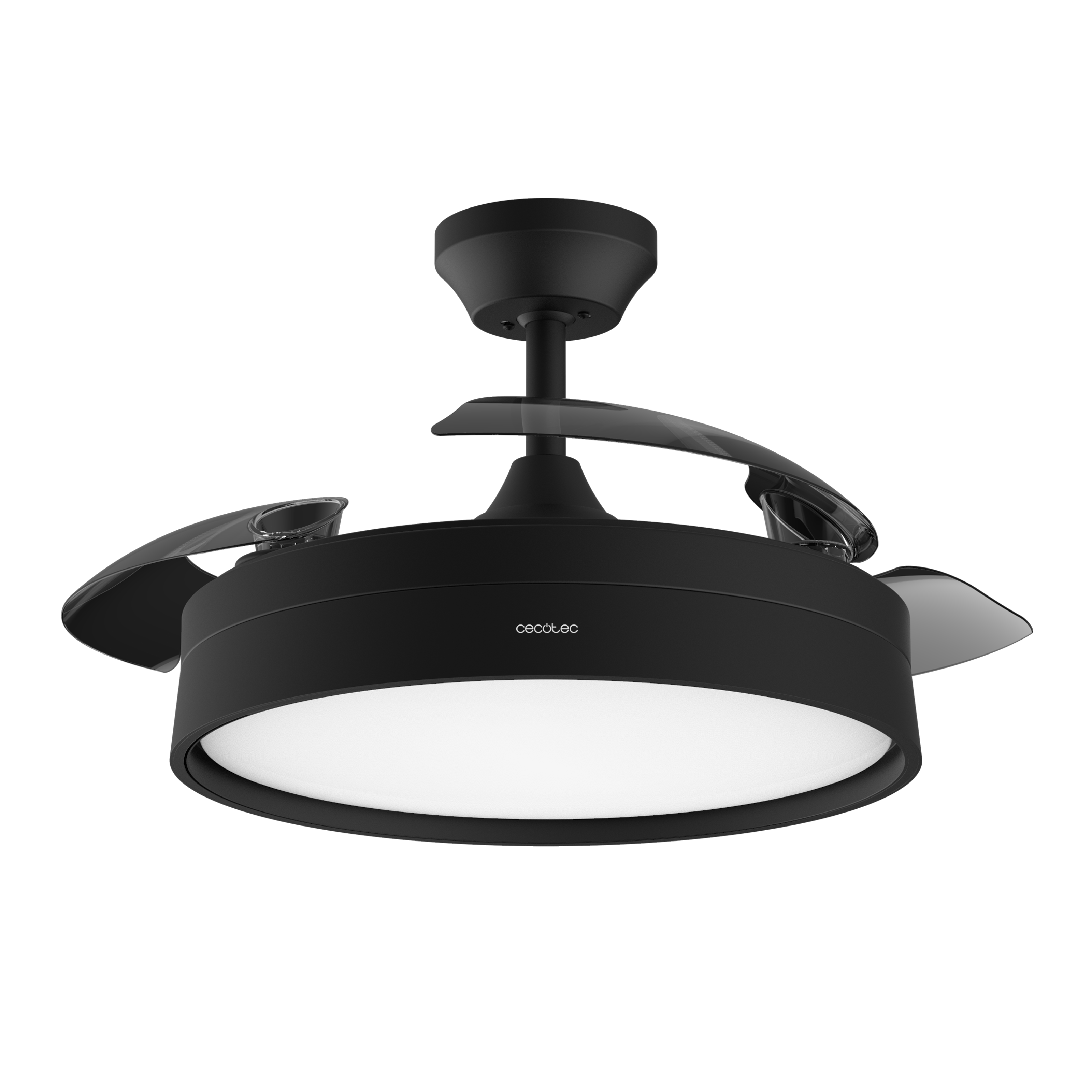 Ventilador de techo negro con luz LED brillante y aspas transparentes sobre fondo negro.