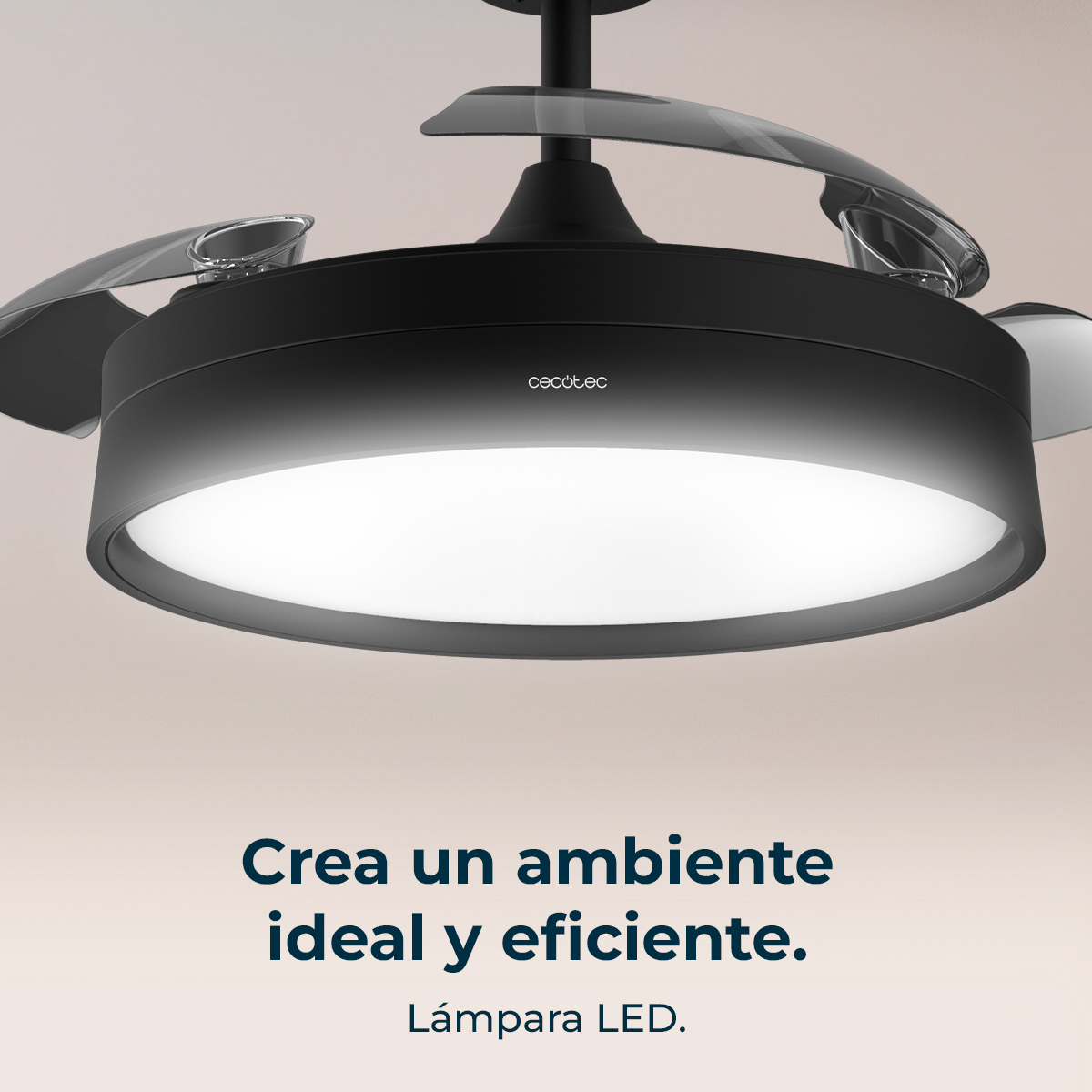 Lámpara de ventilador de techo negra con luz LED brillante y texto abajo.