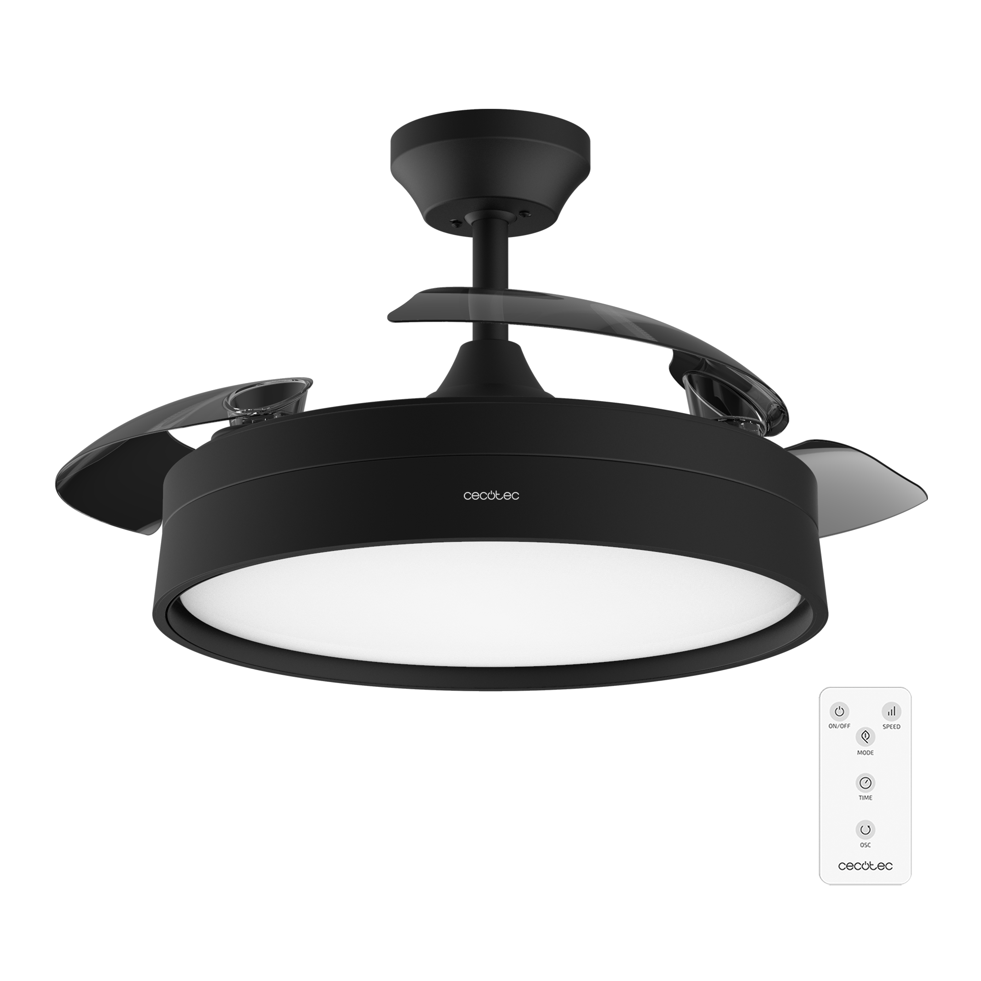 Un ventilador de techo negro con luz brillante y un control remoto sobre fondo negro.