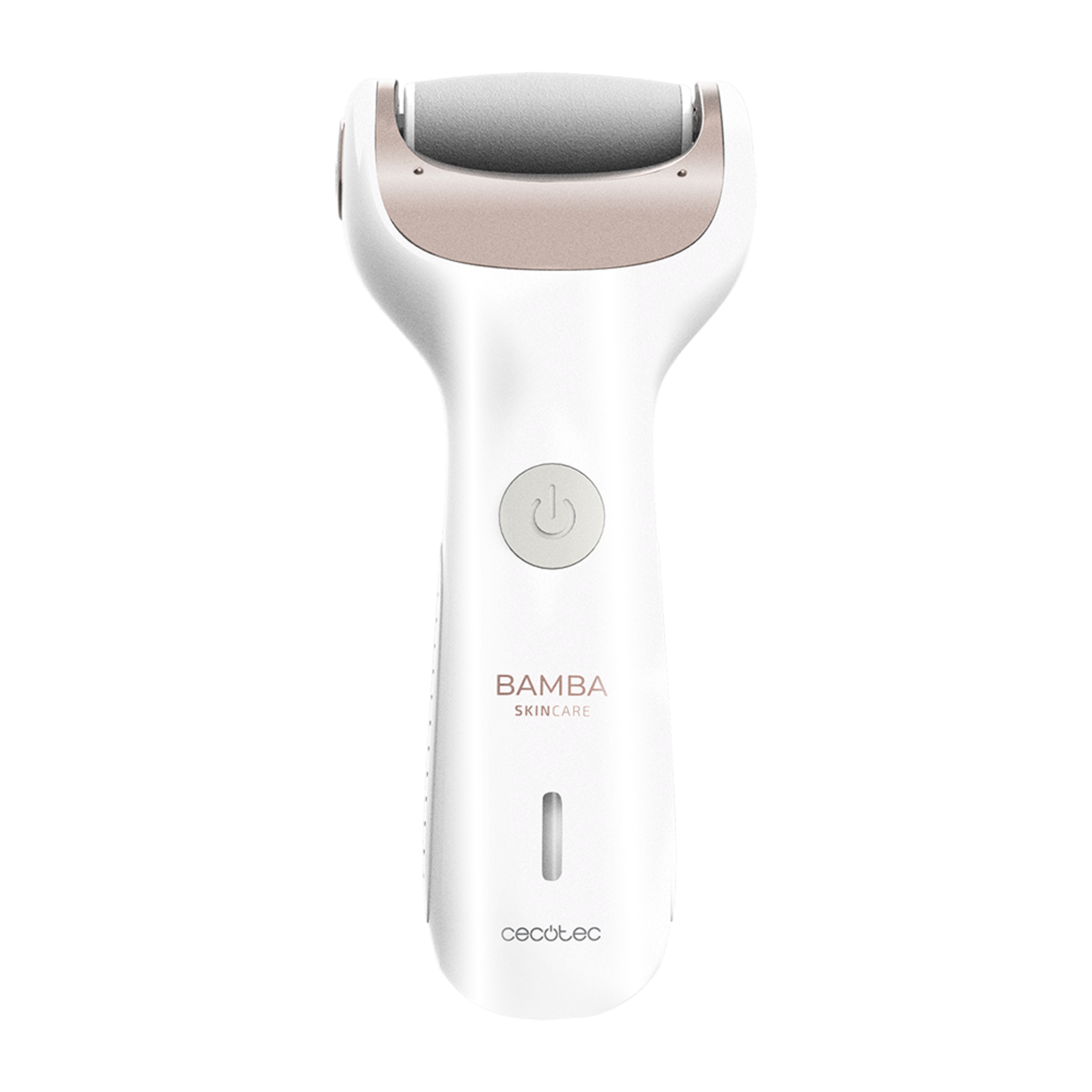 Un removedor de durezas eléctrico blanco con detalles en oro rosa y el logotipo de Bamba Skincare.