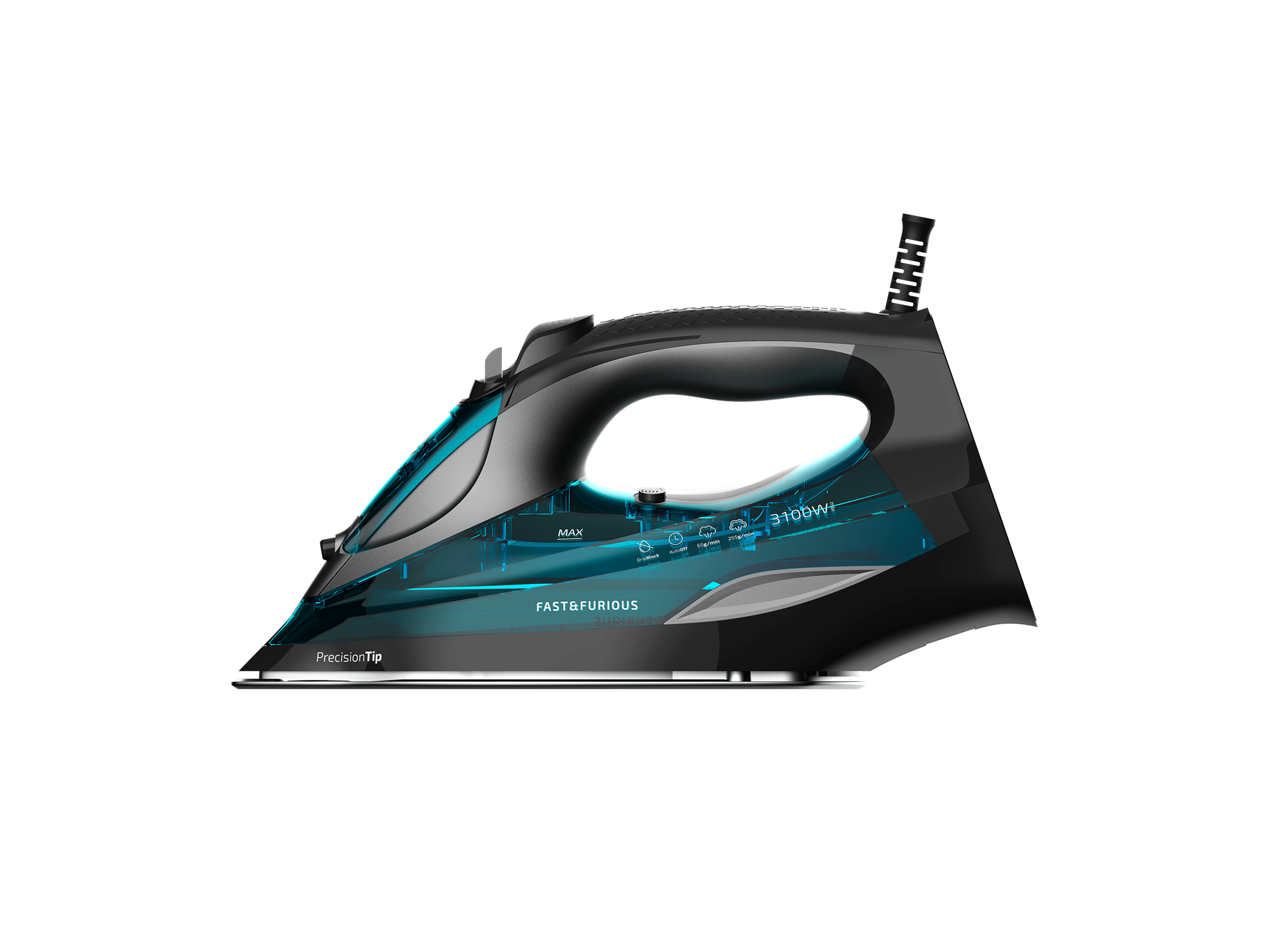 Una plancha de vapor negra con un tanque de agua azul transparente sobre fondo negro.