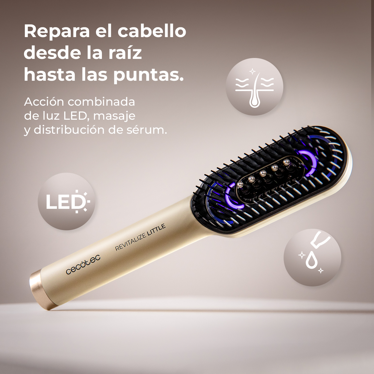 Cepillo de pelo dorado Cecotec con luz LED y distribución de sérum sobre fondo neutro.