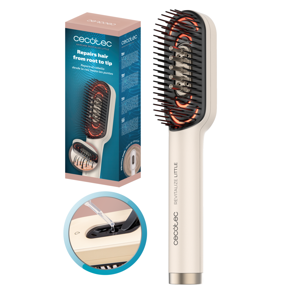 Un cepillo de pelo beige Cecotec Revitalize Little junto a su caja y un detalle de líquido siendo añadido.