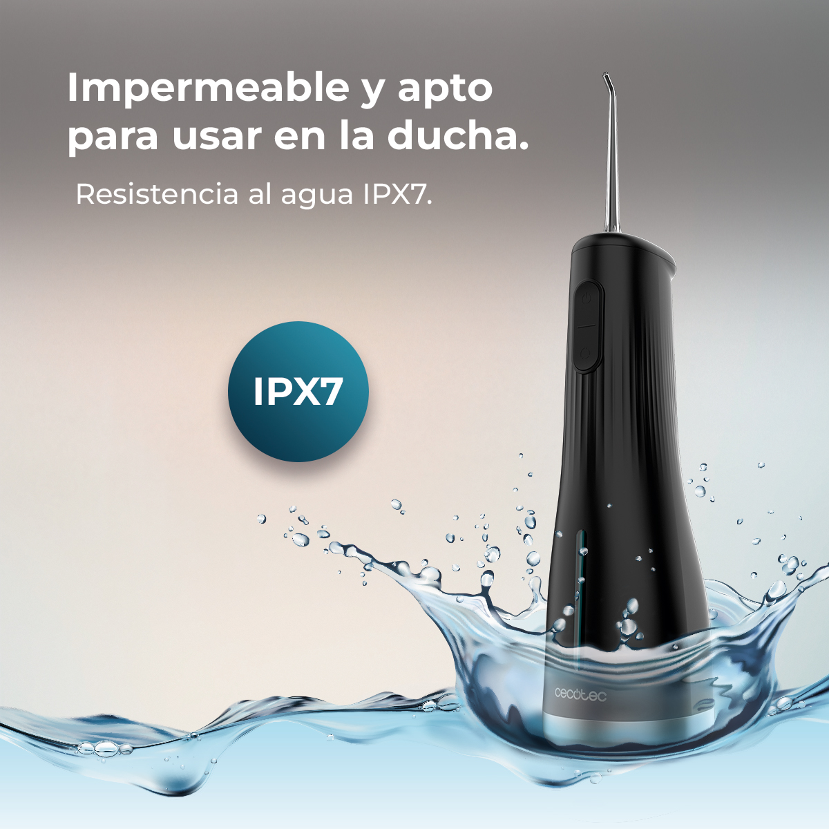 Irrigador bucal negro en salpicadura de agua con icono IPX7.
