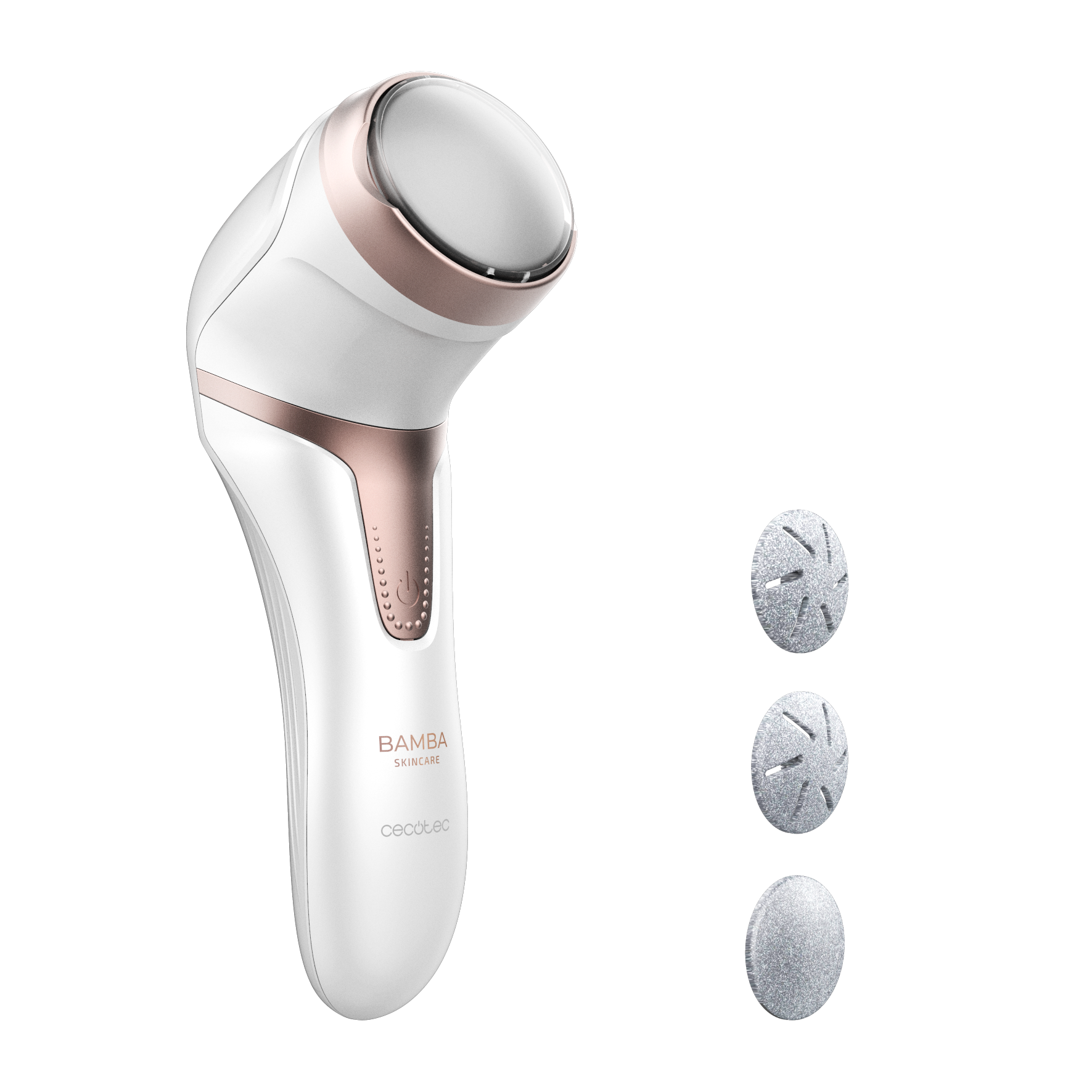 Dispositivo de limpieza facial blanco con detalles en oro rosa y tres accesorios redondos sobre fondo negro.