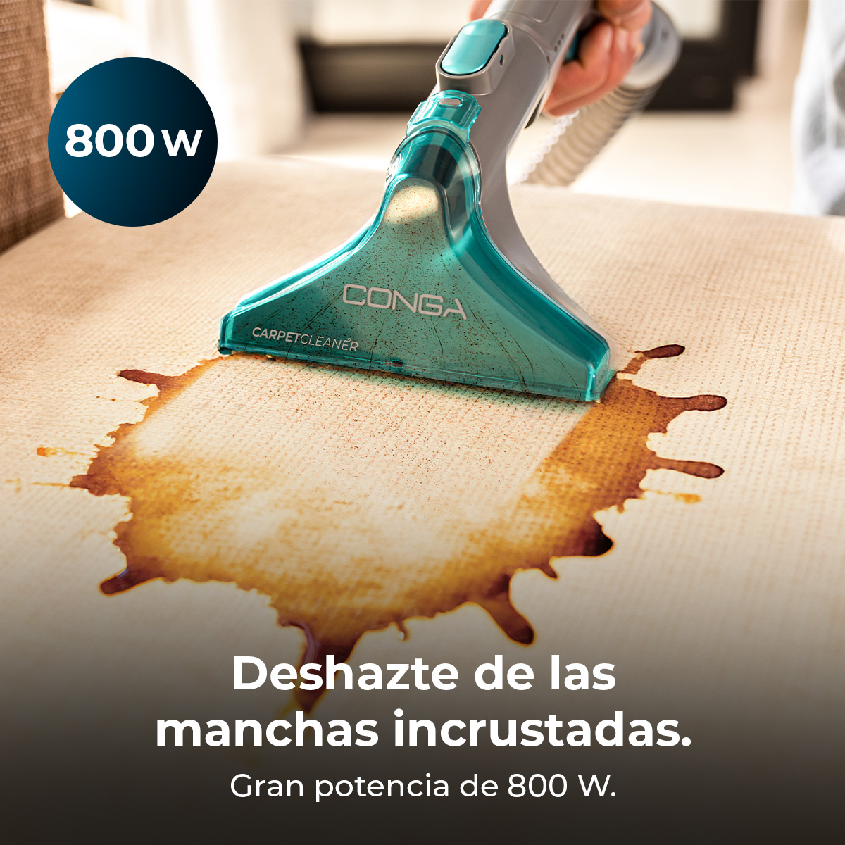 Un limpiador de alfombras Conga aspira una mancha marrón de una superficie de tapicería beige.
