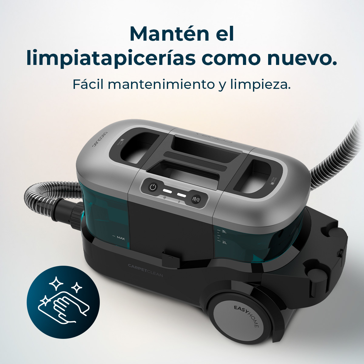 Limpiatapicerías gris y negro con depósito de agua y texto en español.