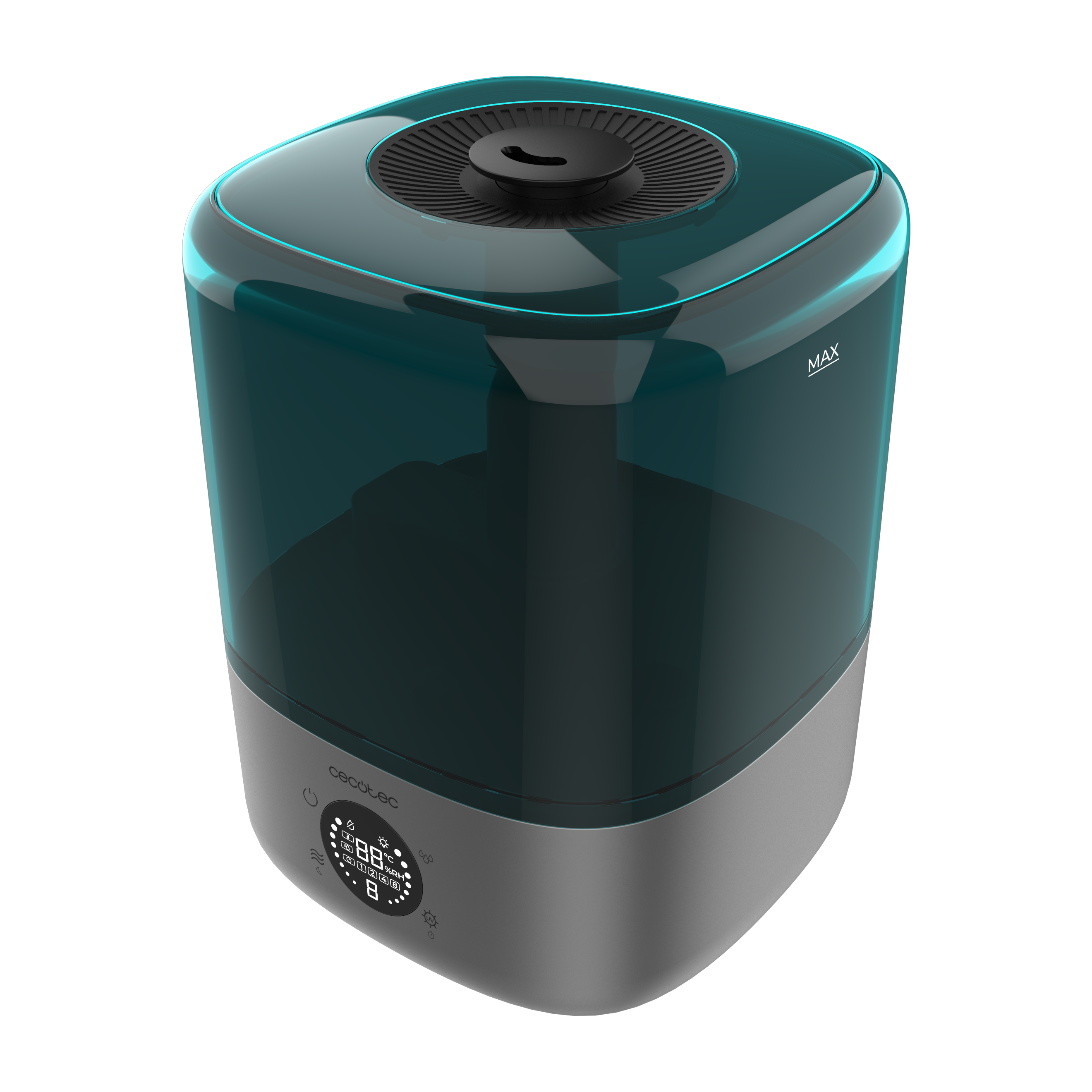 Moderno humidificador negro y gris con pantalla LED y depósito de agua transparente sobre fondo negro.