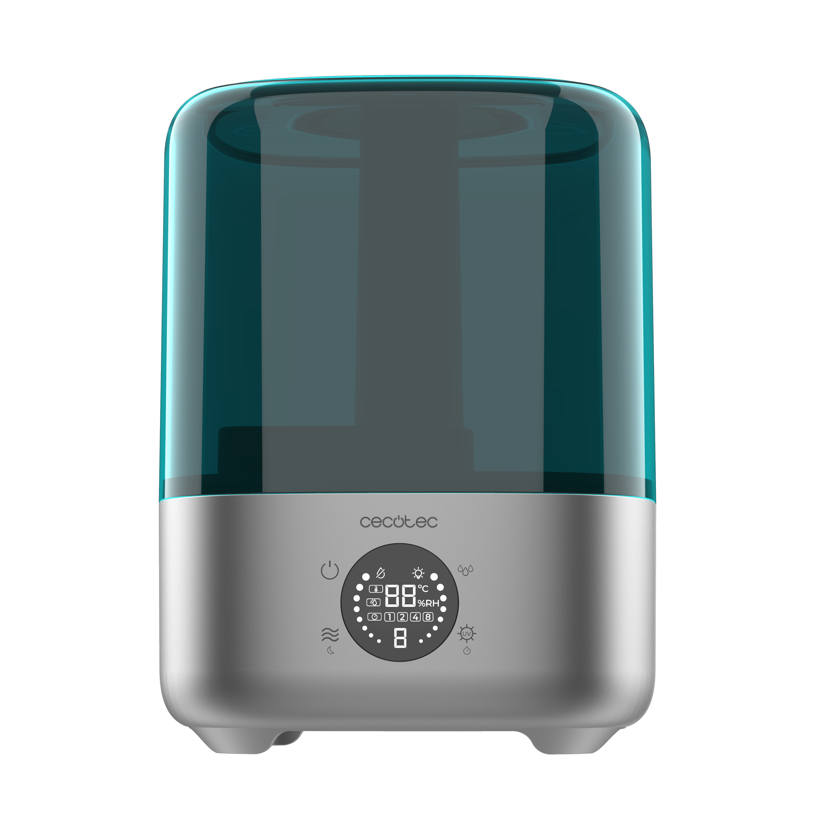 Un humidificador moderno con tanque de agua translúcido azul verdoso y base plateada con pantalla digital.