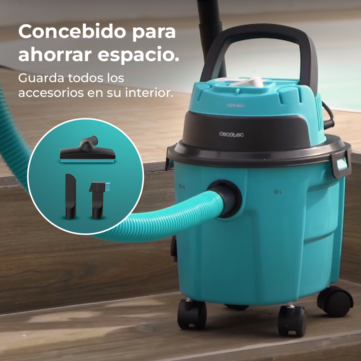 Un aspirador en seco y húmedo azul y negro con ruedas, con un círculo interior que muestra tres accesorios.