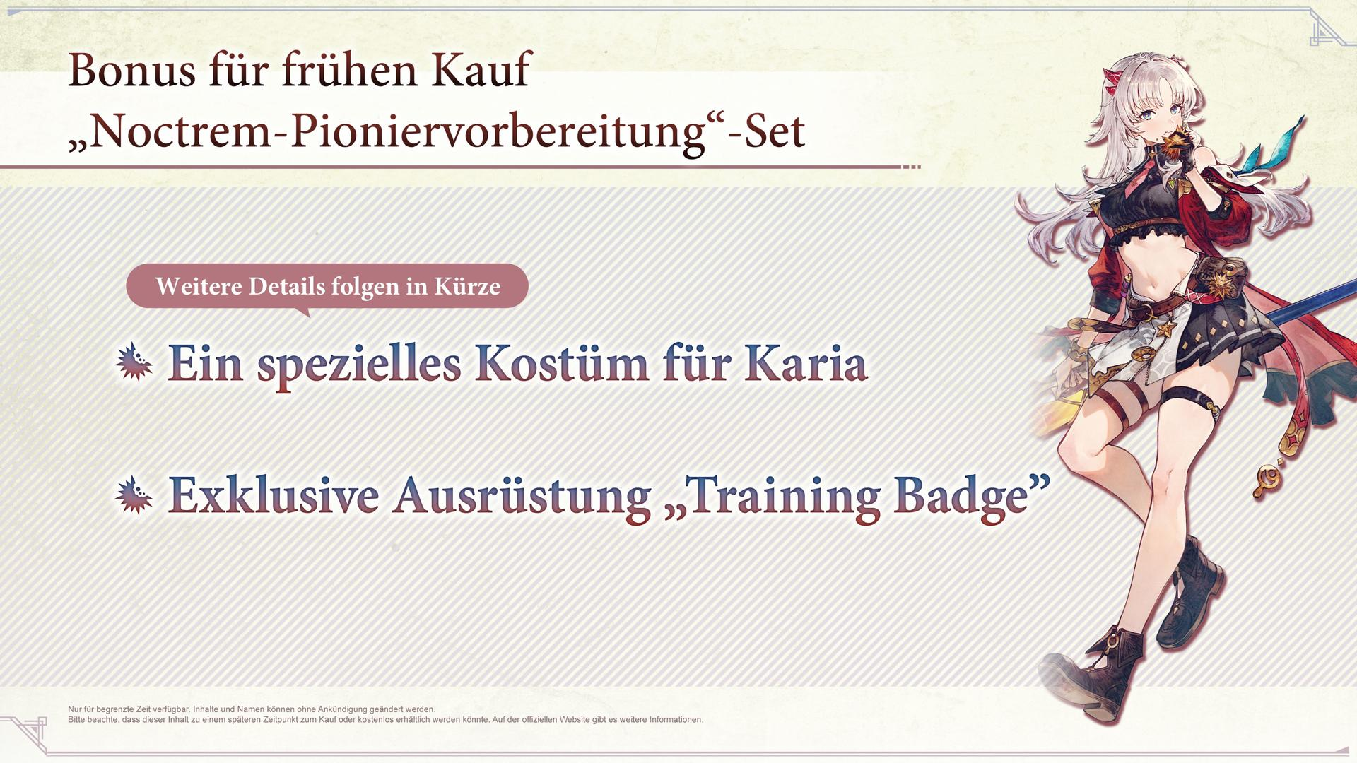 Anime-Werbebild mit Text über Karias Vorbereitungs-Set und weißhaariger Figur auf der rechten Seite.