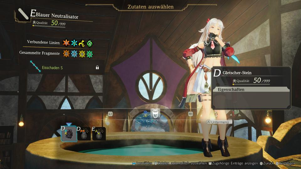 Anime-Charakter steht in Werkstatt vor einem großen Kessel mit Menüs und UI-Elementen.