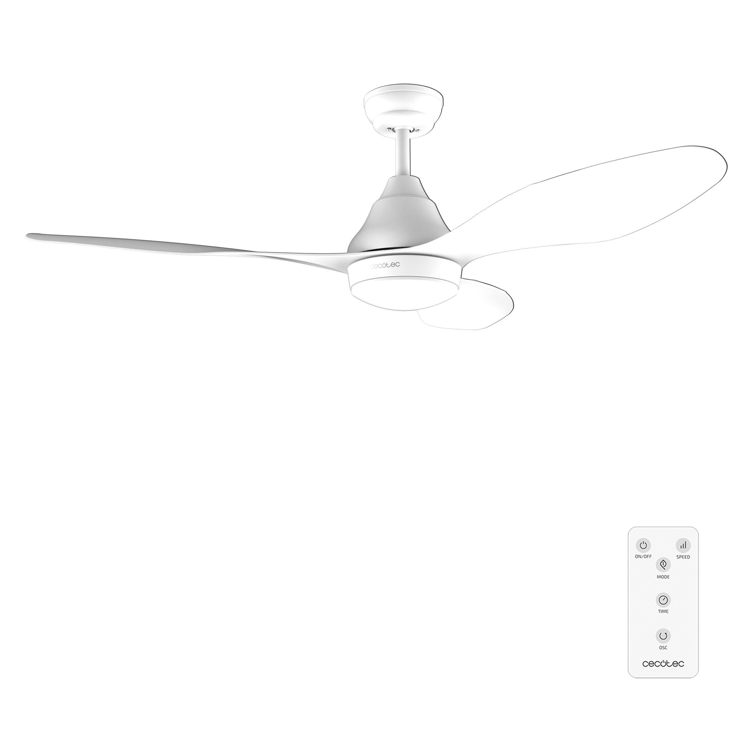 Un ventilador de techo blanco con tres aspas curvas y un control remoto sobre fondo negro.