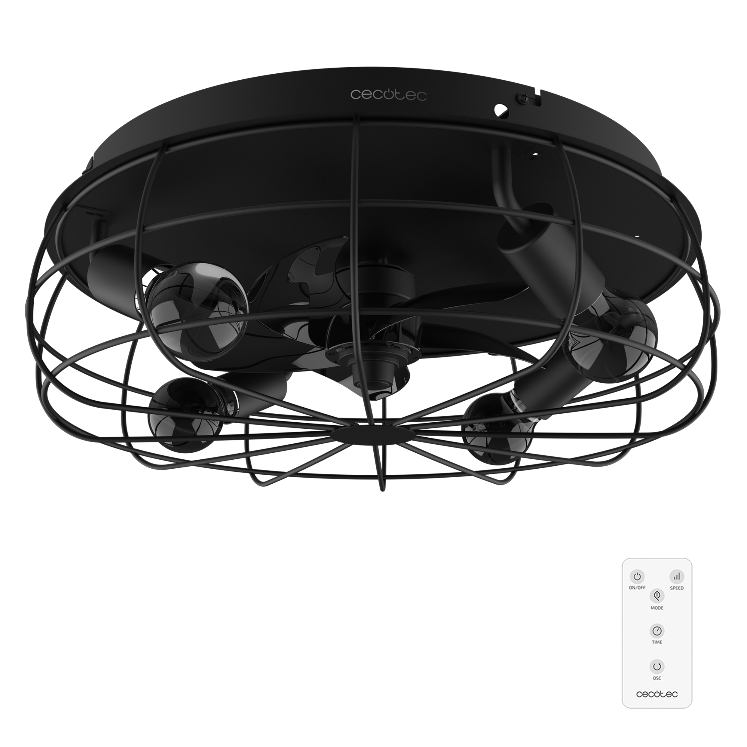 Un ventilador de techo negro estilo jaula con cuatro bombillas visibles y un control remoto sobre fondo negro.