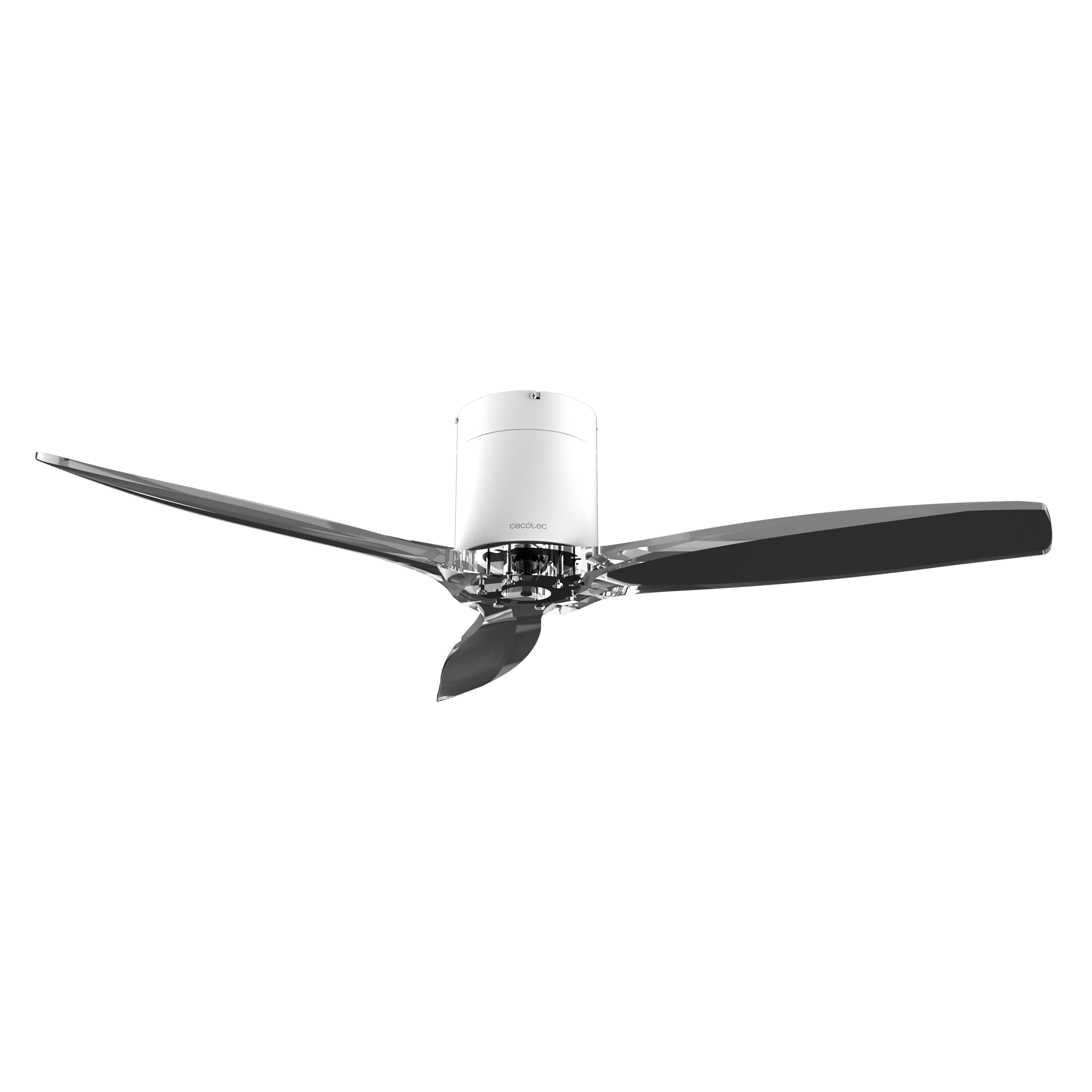 Ventilador de techo moderno con carcasa blanca y tres aspas transparentes sobre fondo negro.