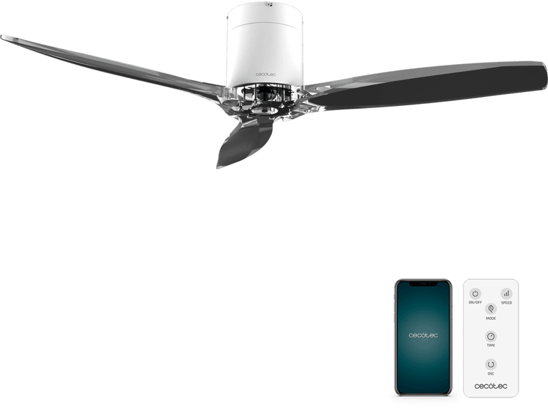 Ventilador de techo - Cecotec EnergySilence Aero 5285 WhiteTransparent Expert, 40 W, App, Mando, 6 velocidades, Función Verano/Invierno, Transparente