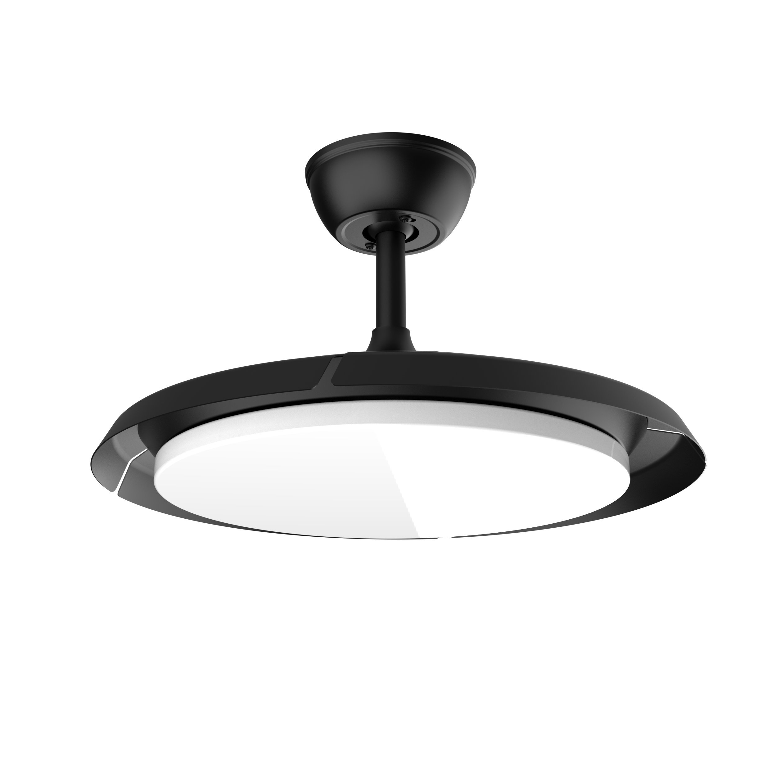 Un ventilador de techo moderno negro con una luz blanca circular integrada sobre fondo negro.