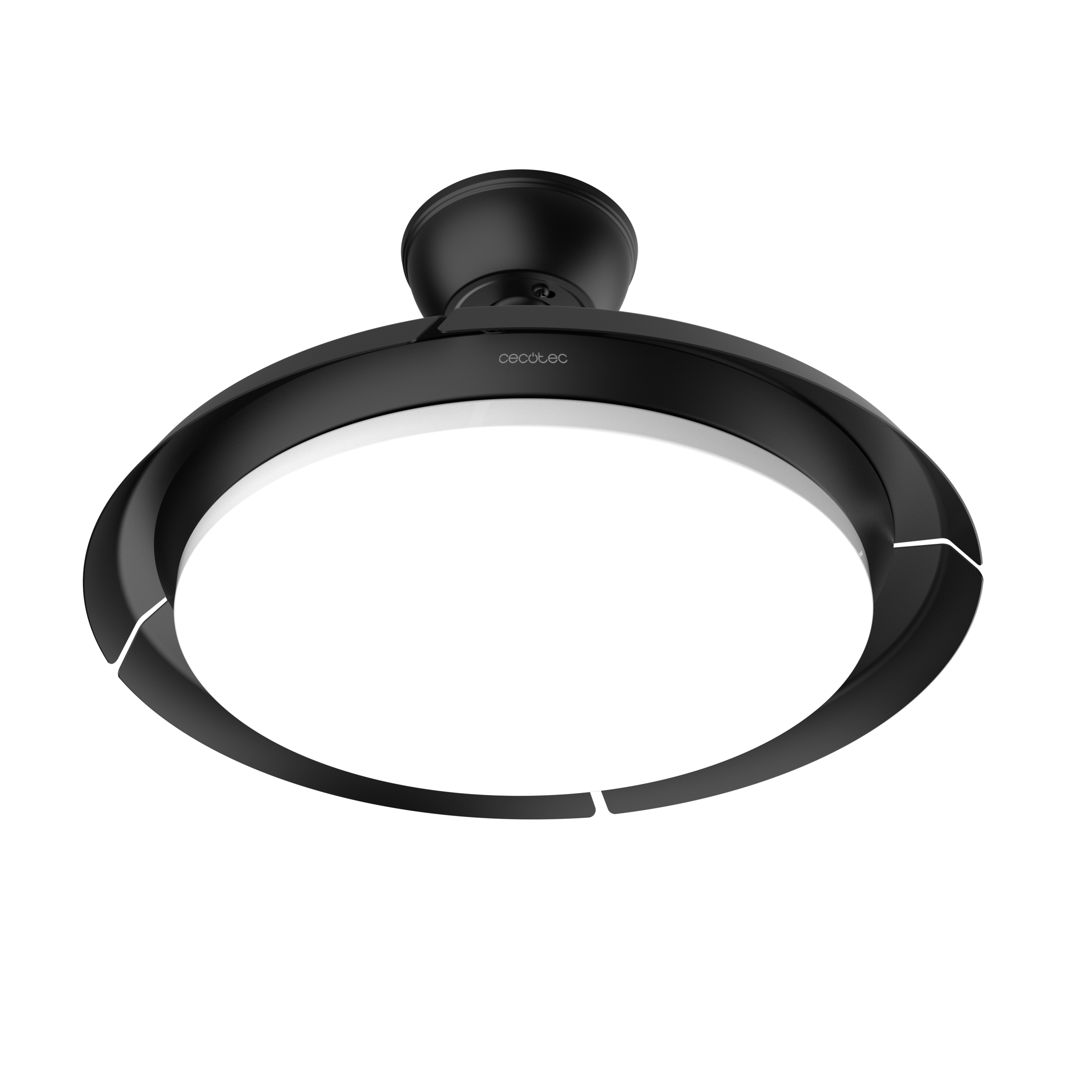 Moderna lámpara de techo negra con un centro circular iluminado sobre fondo negro.