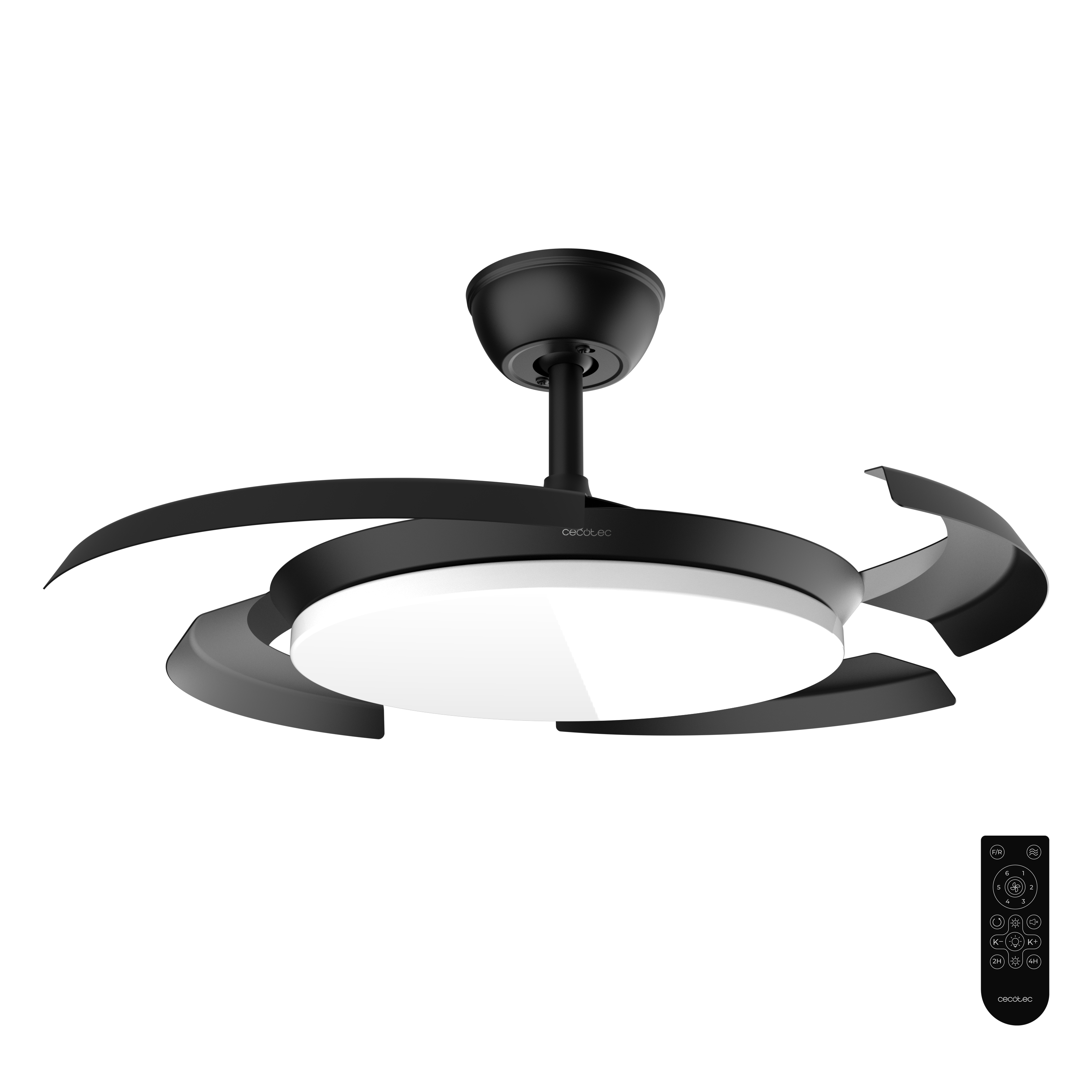 Un ventilador de techo negro con centro LED redondo iluminado y aspas curvas sobre fondo negro.