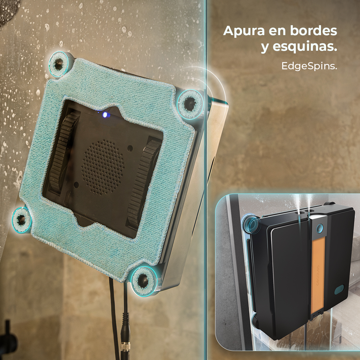 Un robot limpiacristales automático con paño azul limpia un panel de vidrio.