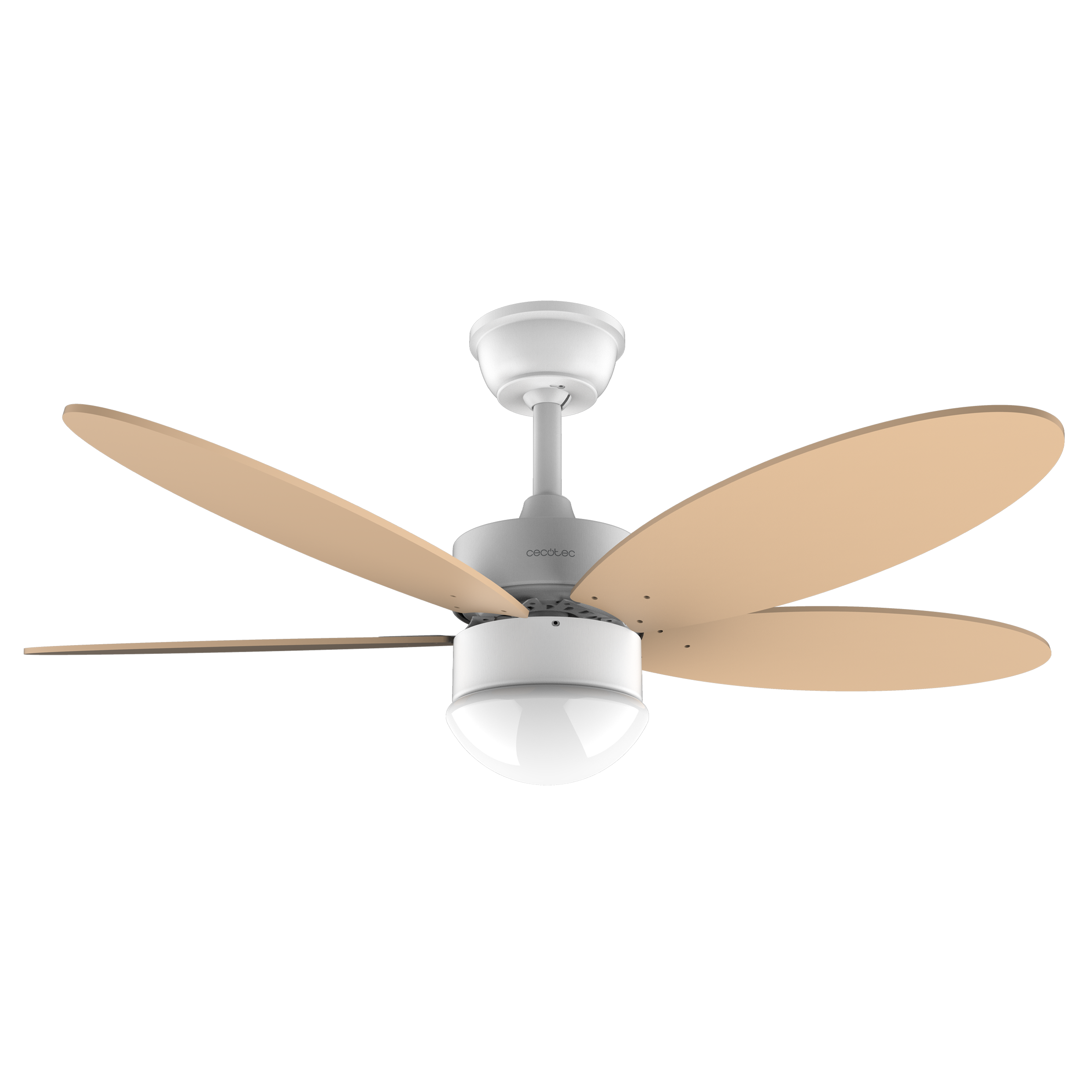 Un ventilador de techo blanco con aspas de madera marrón claro y una lámpara redonda debajo sobre fondo negro.
