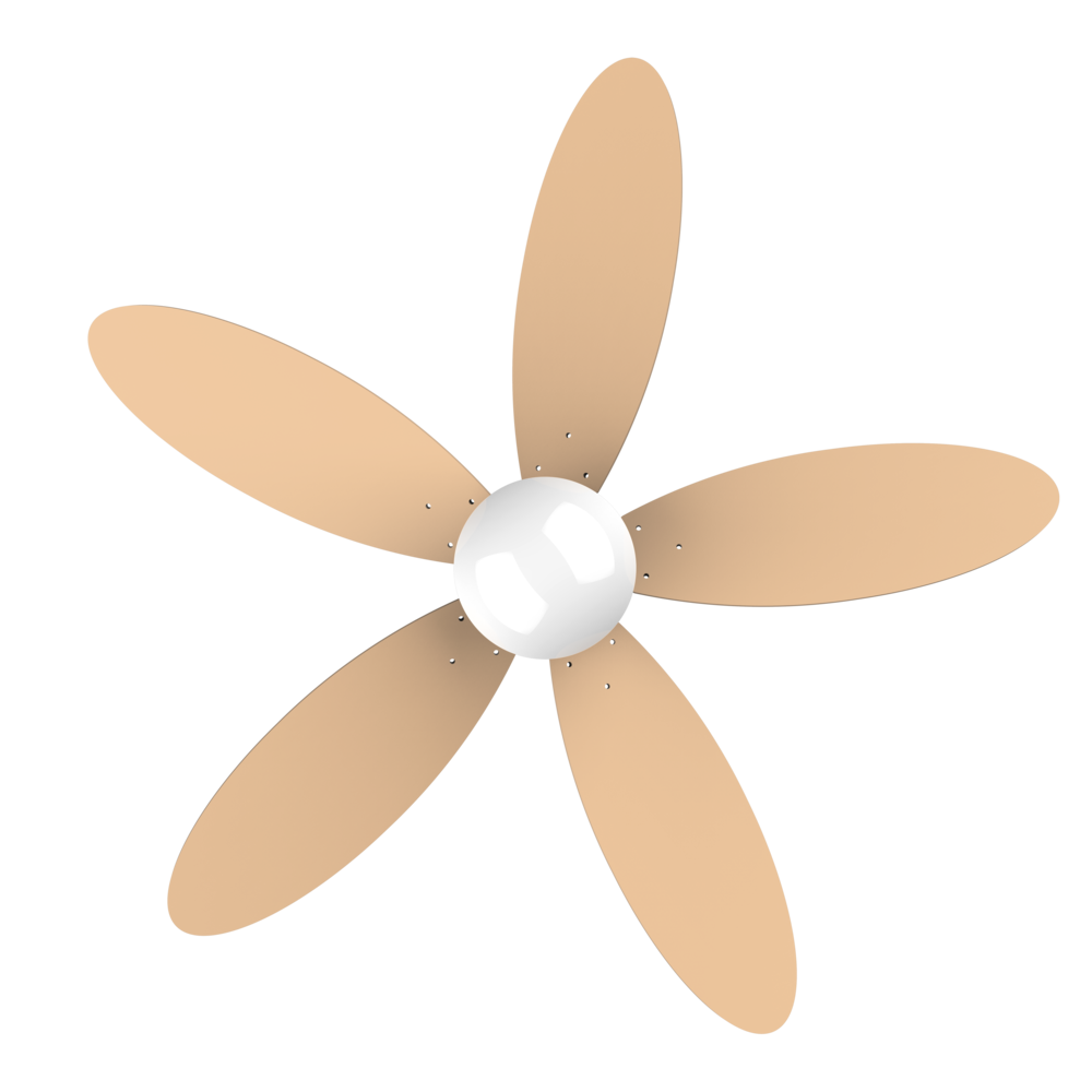 Un ventilador de techo con cinco aspas de madera beige y una luz redonda y blanca en el centro sobre fondo negro.