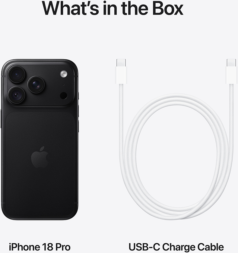 Egy fekete iPhone 18 Pro és egy fehér USB-C töltőkábel.