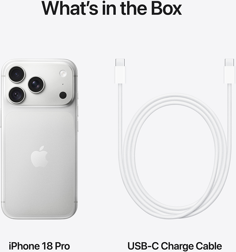 A kép a doboz tartalmát mutatja: egy fehér iPhone 18 Pro és egy USB-C töltőkábel.