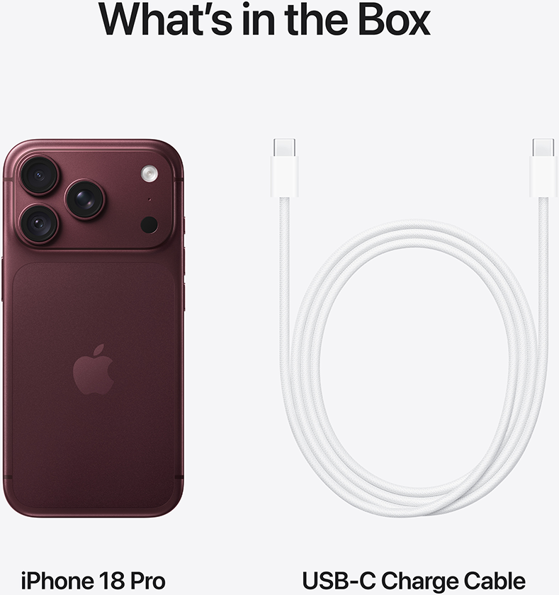 Egy bordó iPhone 18 Pro és egy fehér USB-C töltőkábel világos háttéren.