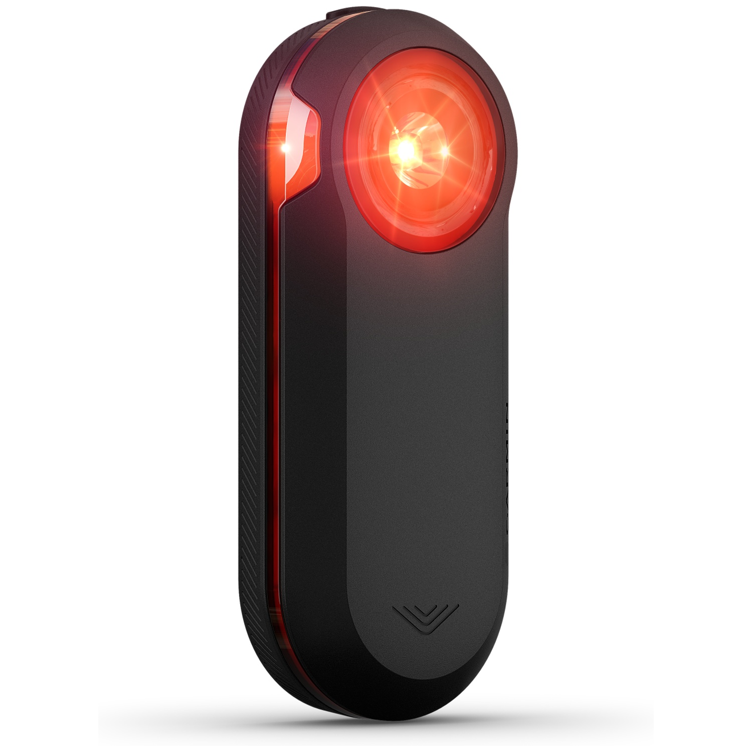 Een zwart fietsachterlicht met een helderoplichtende rode LED-lamp en zichtbaarheid aan de zijkant op witte achtergrond.