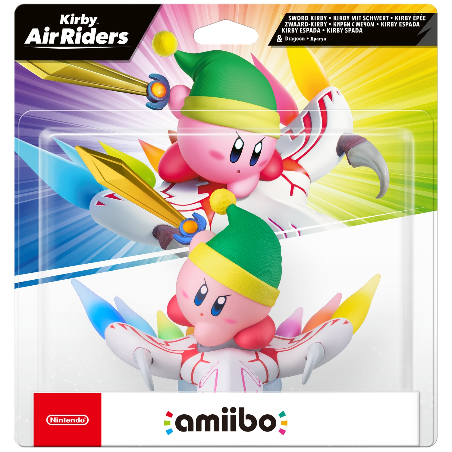 Emballage amiibo Kirby avec une figurine rose tenant une épée et un chapeau vert sur Dragoon.