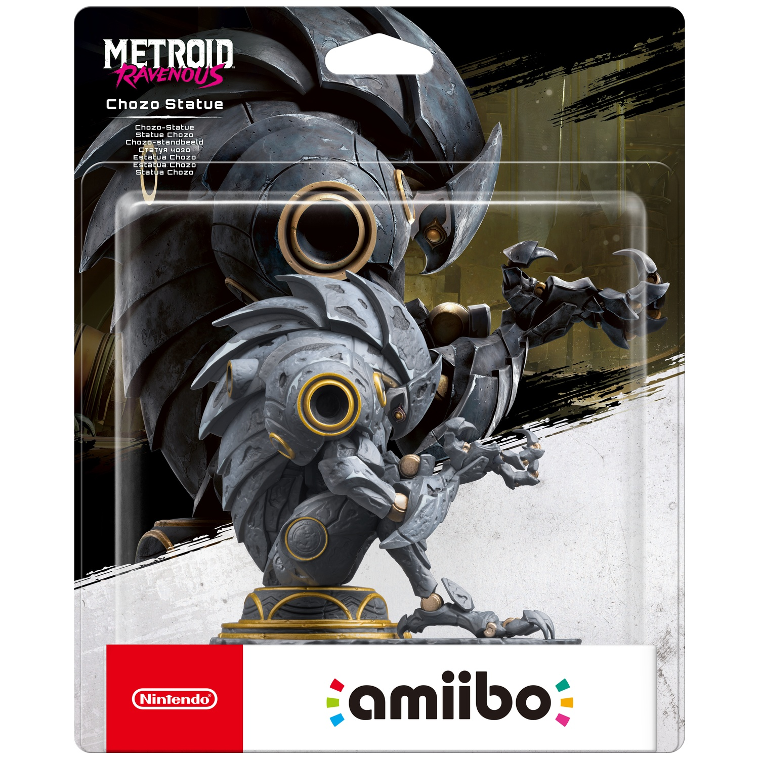 Metroid Chozo Statue amiibo-figuur in ongeopende verpakking tegen een witte en zwarte achtergrond.