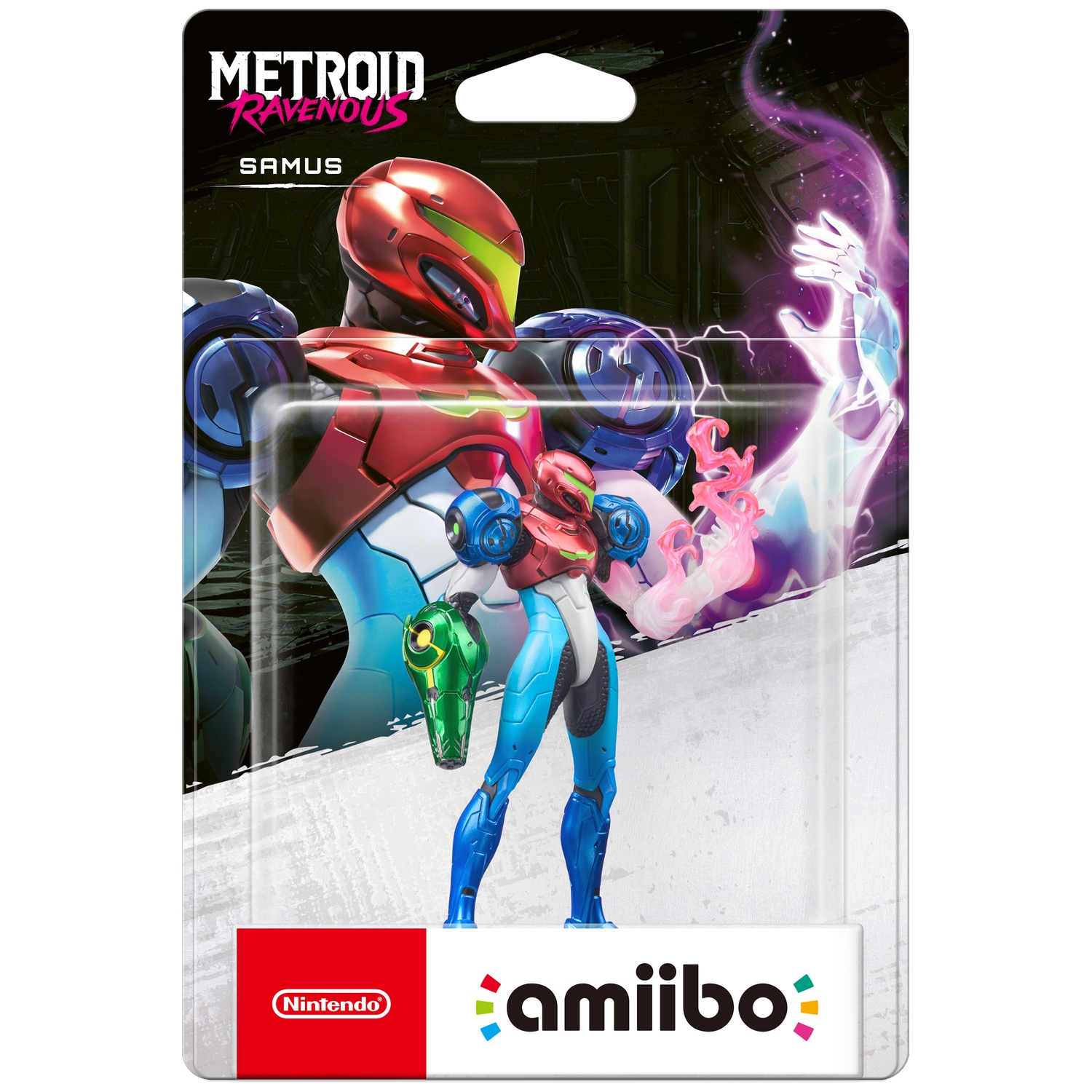 Samus Amiibo-figuur in originele verpakking met rood-blauw pak en groen armkanon.