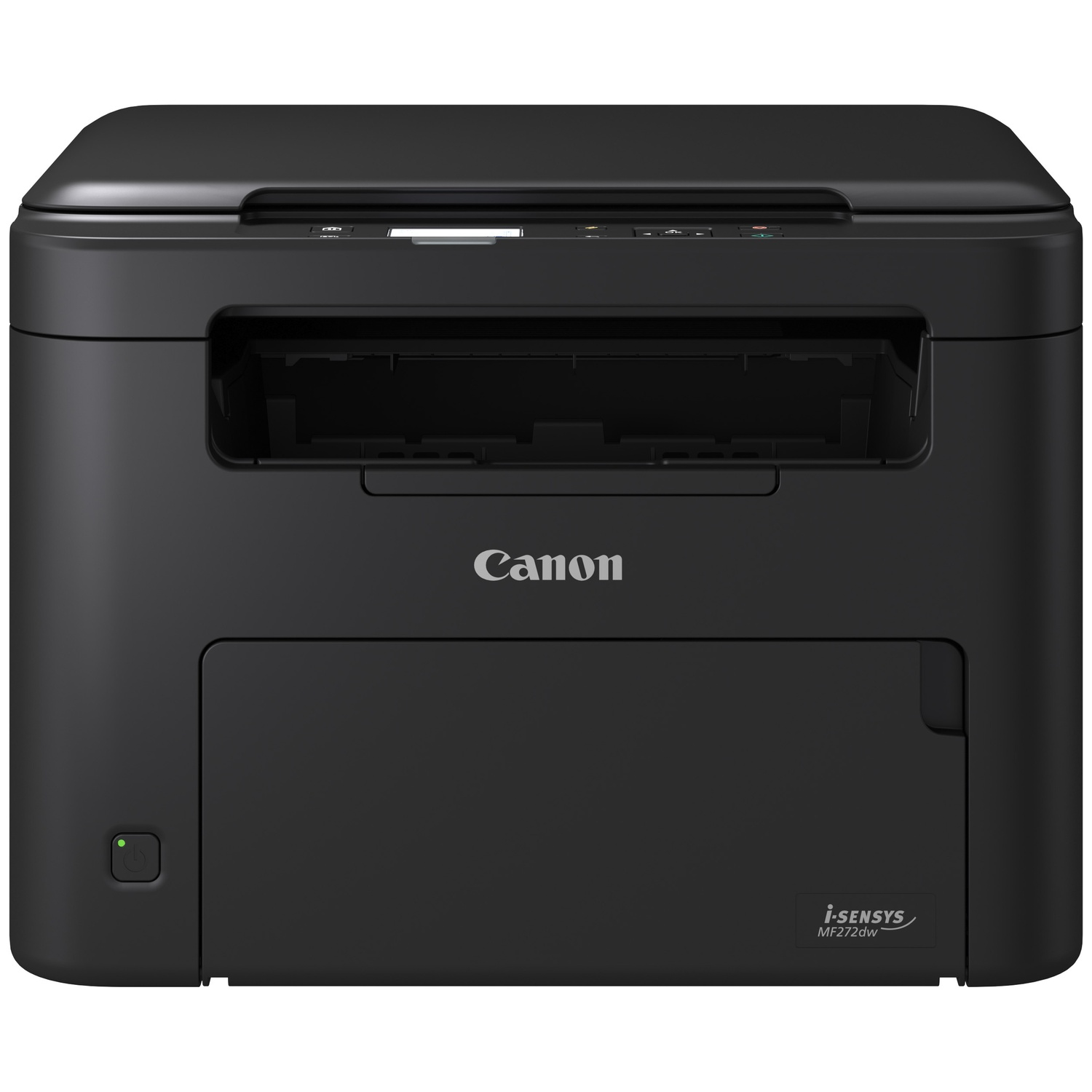 Imprimante laser noire Canon i-SENSYS MF272dw sur fond blanc.