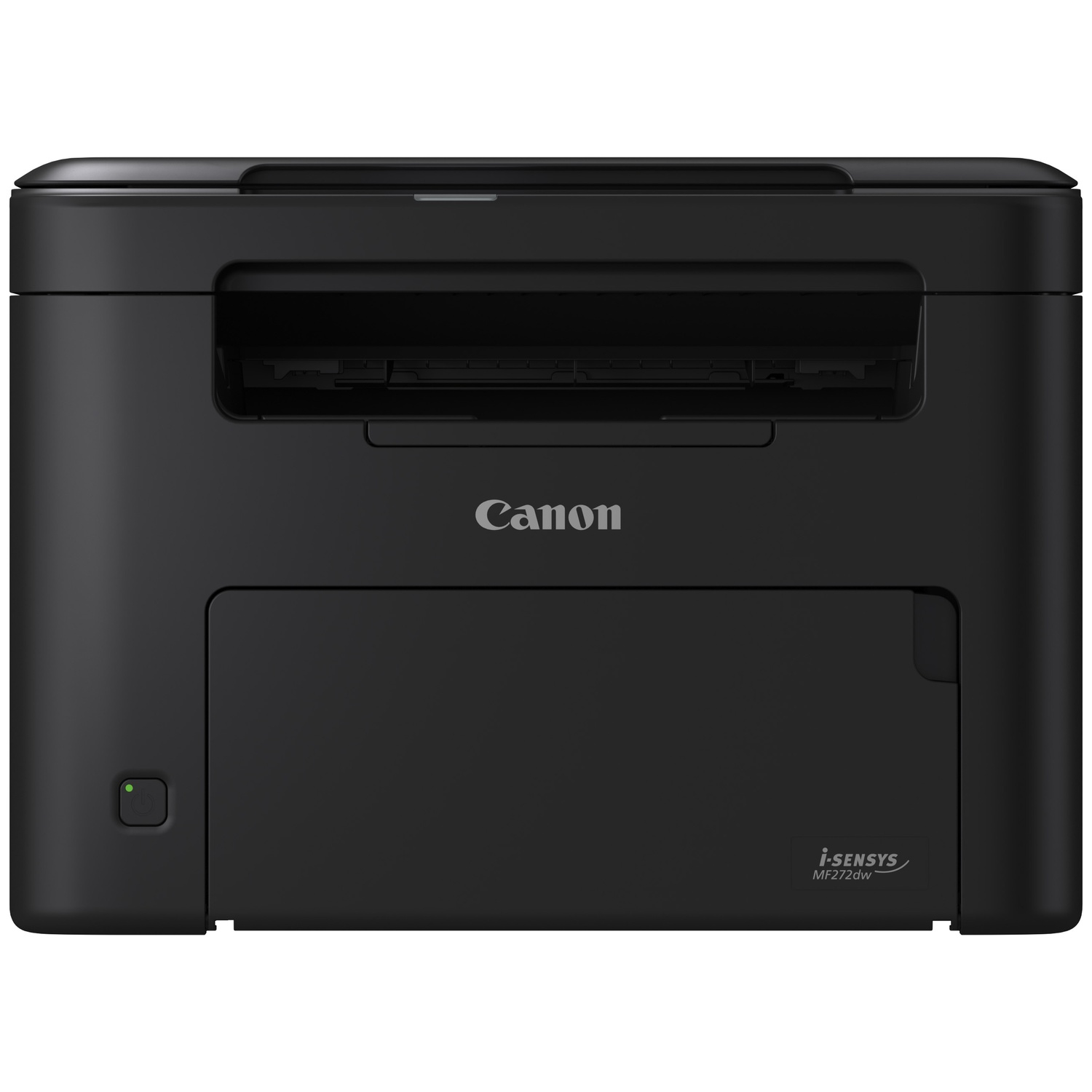Une imprimante noire Canon i-SENSYS MF272dw sur fond blanc.