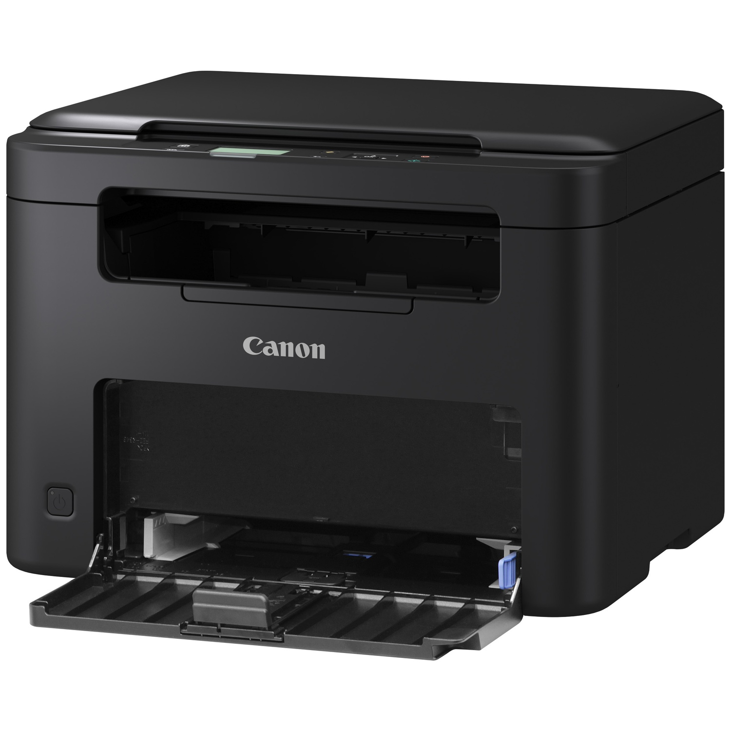 Une imprimante laser Canon noire avec un bac à papier ouvert sur une surface blanche.