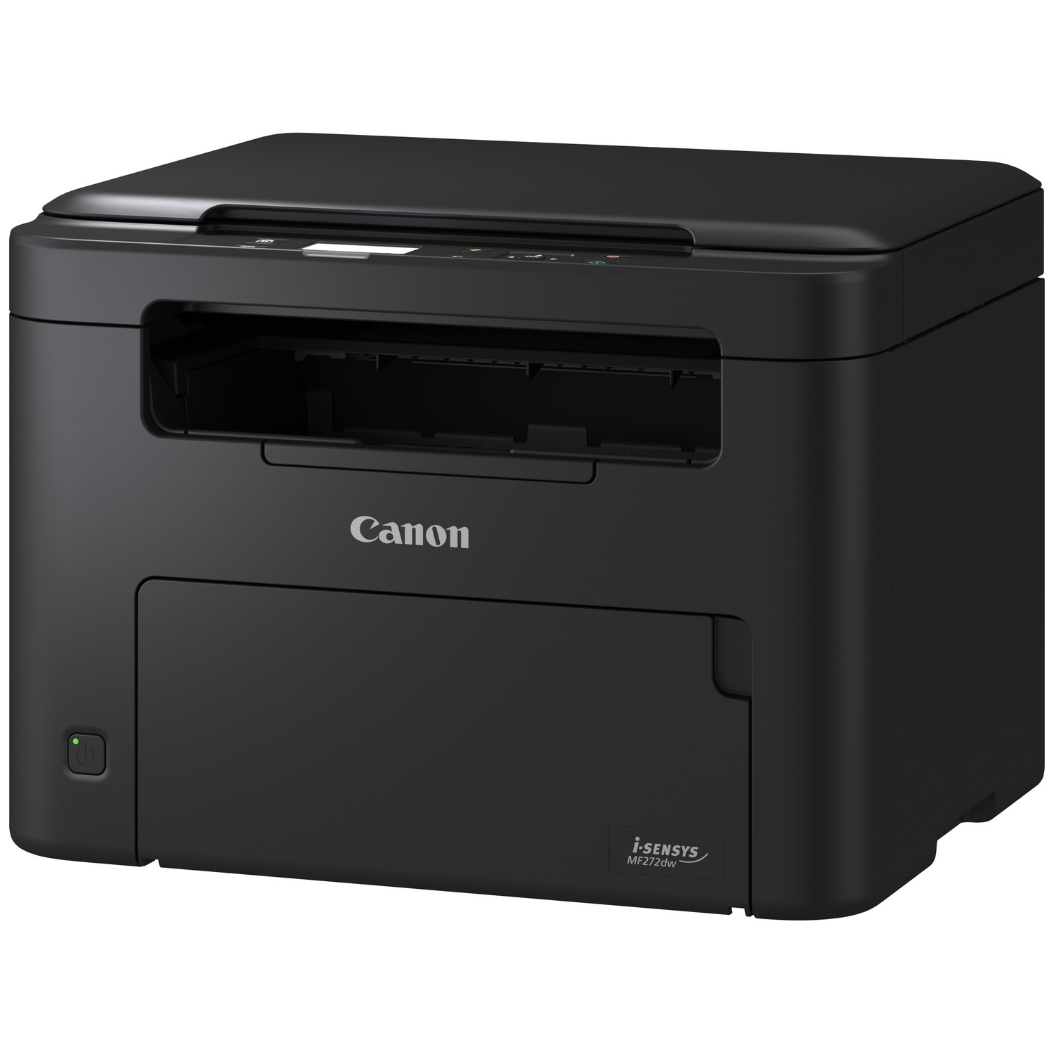 Imprimante multifonction noire Canon i-SENSYS MF272dw sur fond blanc.