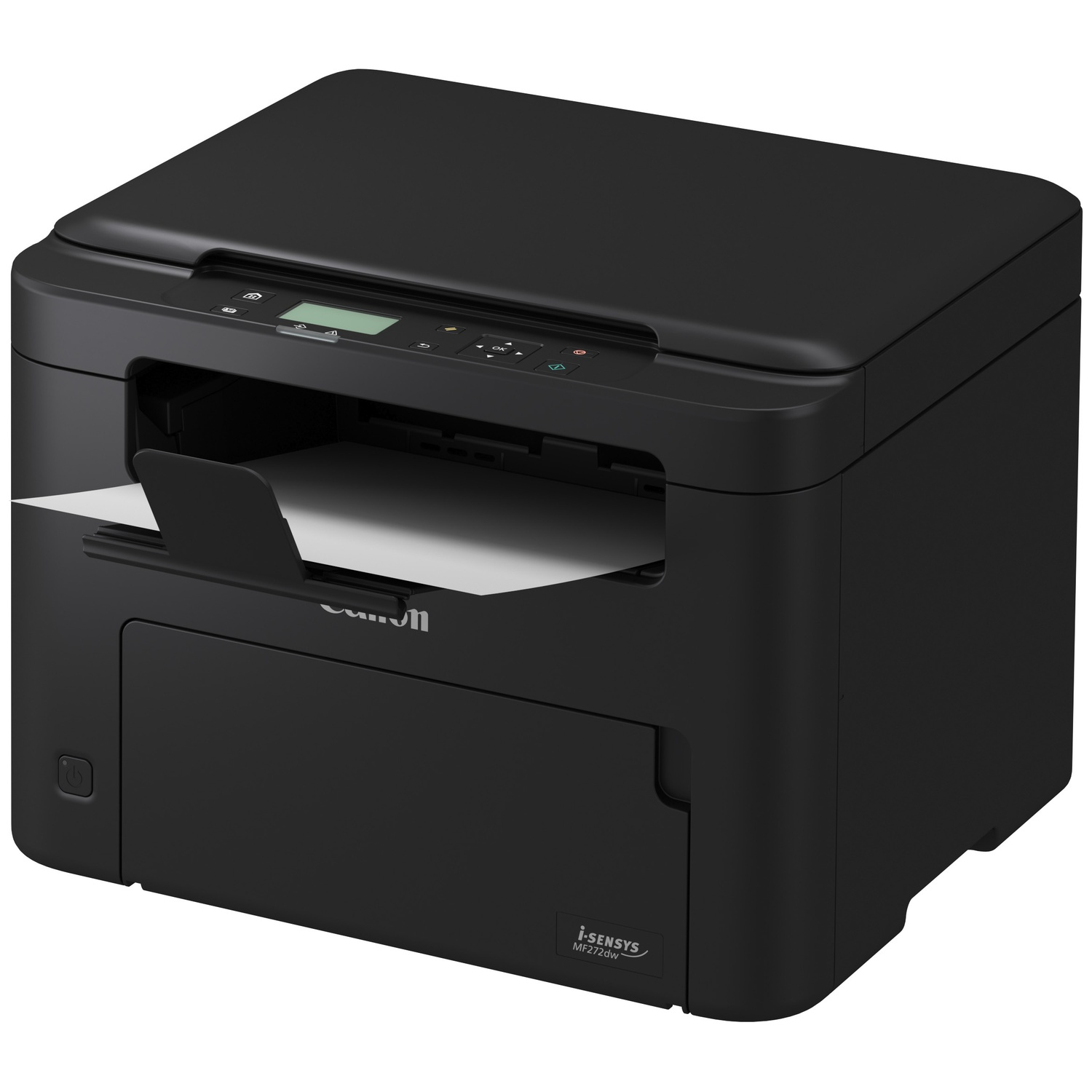 Une imprimante laser multifonction Canon i-SENSYS MF272dw noire sur une surface blanche.