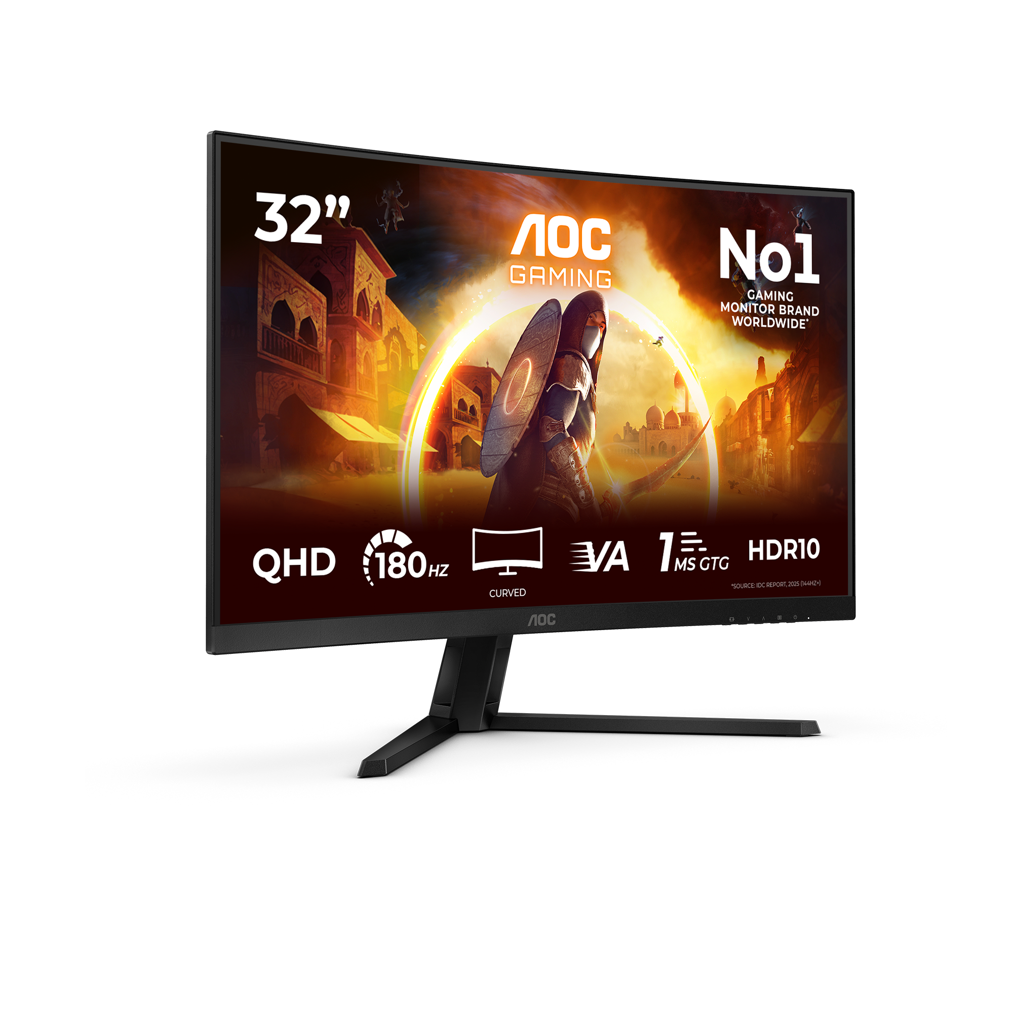 Ein 32-Zoll AOC Gaming-Monitor mit gebogenem Bildschirm und Fantasy-Spielegrafik auf dem Display.