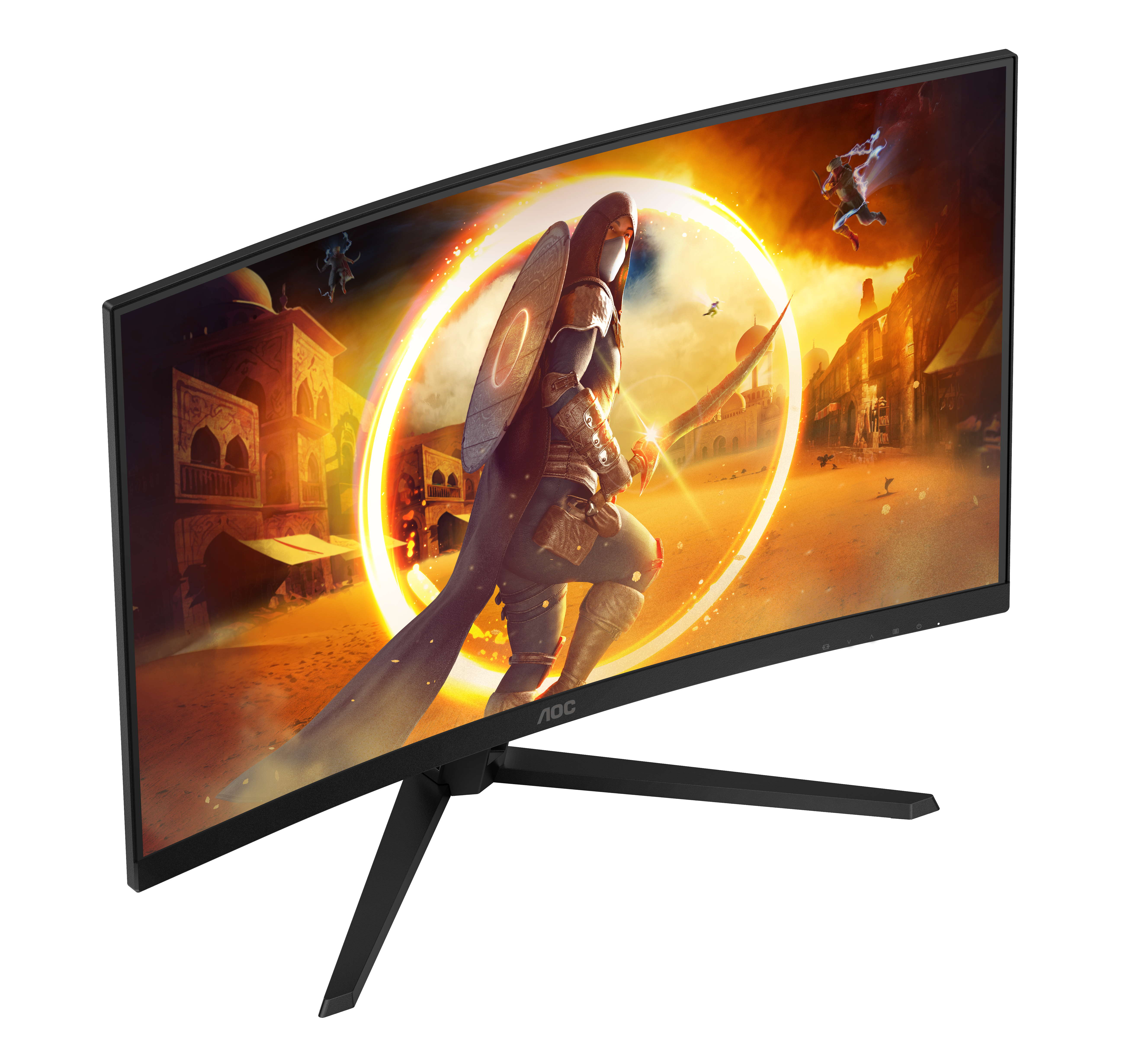 Ein gebogener AOC-Gaming-Monitor mit einem Fantasy-Heldenszene-Hintergrundbild.