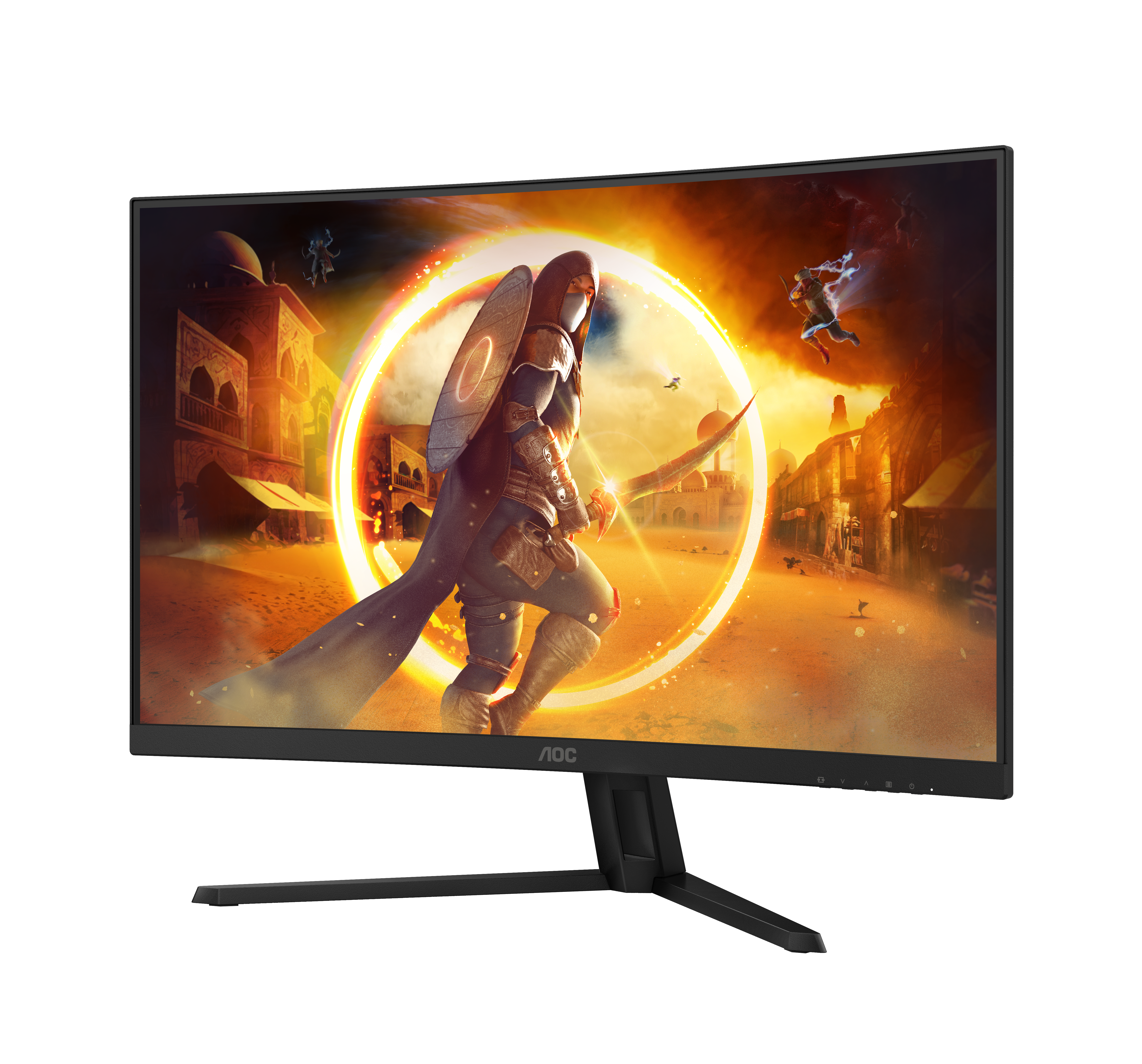Ein gebogener AOC-Gaming-Monitor zeigt eine Fantasy-Szene mit einem kriegerischen Charakter und goldenem Licht.