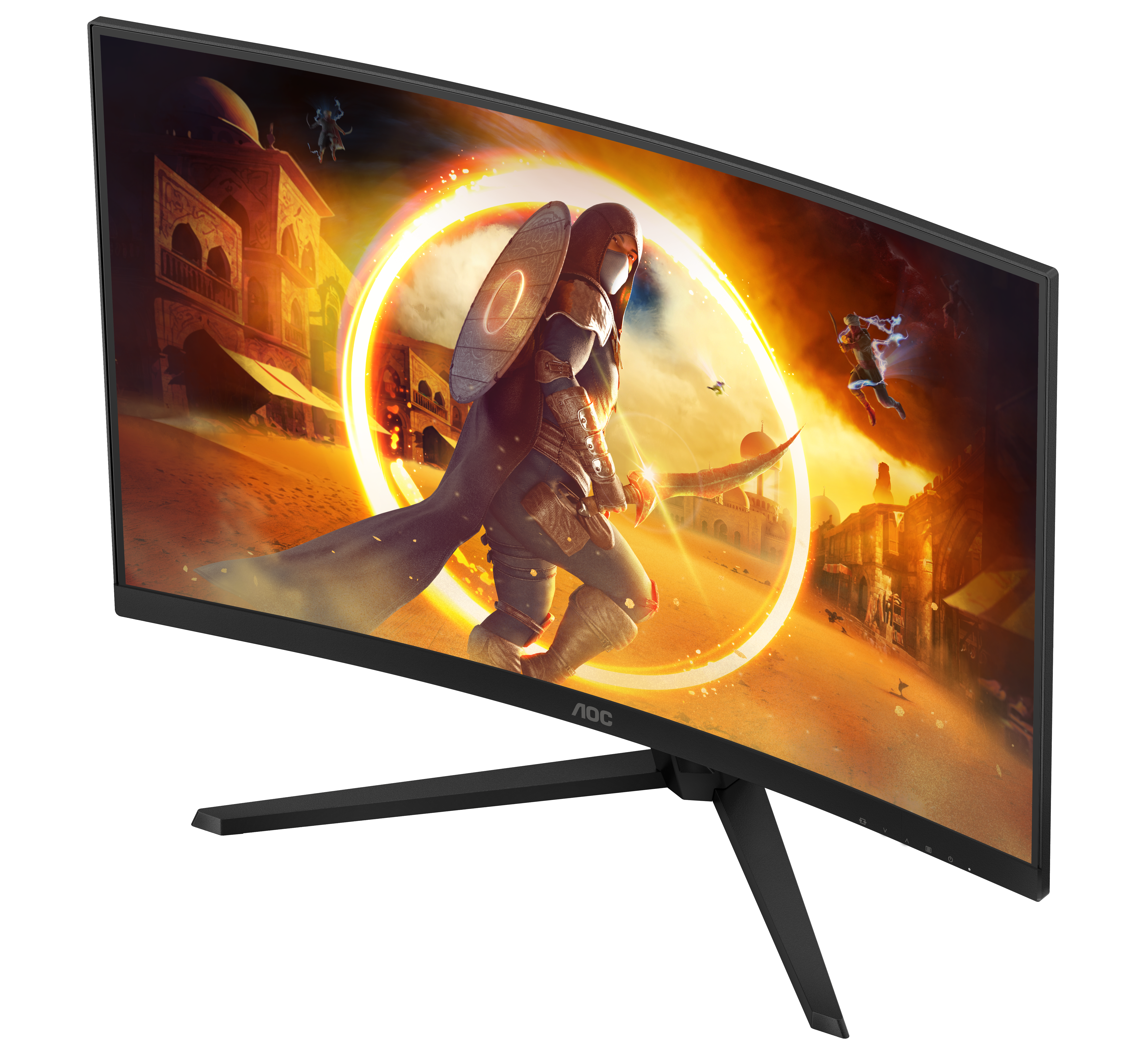 Ein gebogener AOC-Gaming-Monitor zeigt eine Wüsten-Fantasieszene mit einem Krieger vor einem leuchtenden Portal.