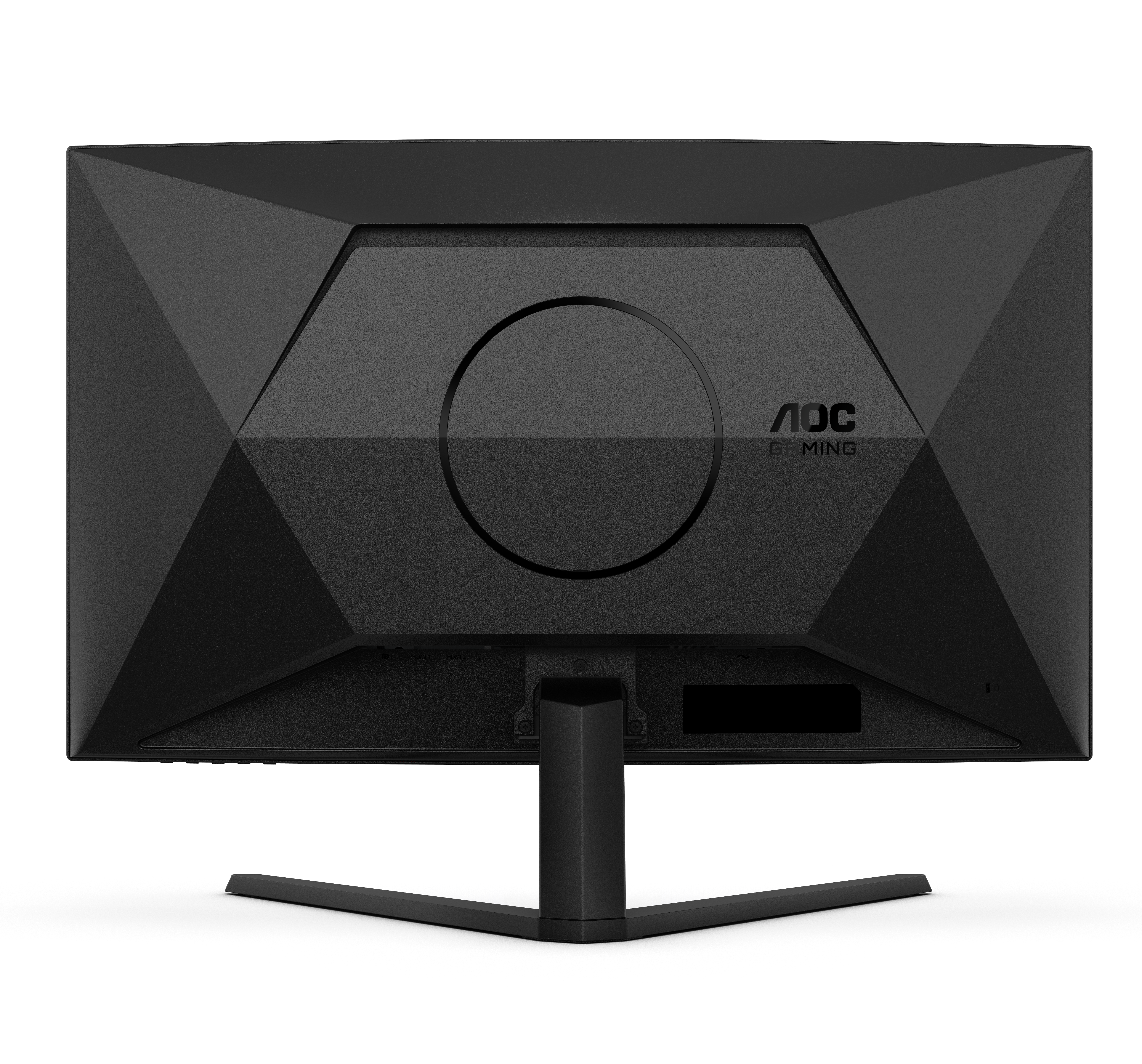 Rückseite eines schwarzen AOC-Gaming-Monitors mit kantigem Design und V-förmigem Standfuß.